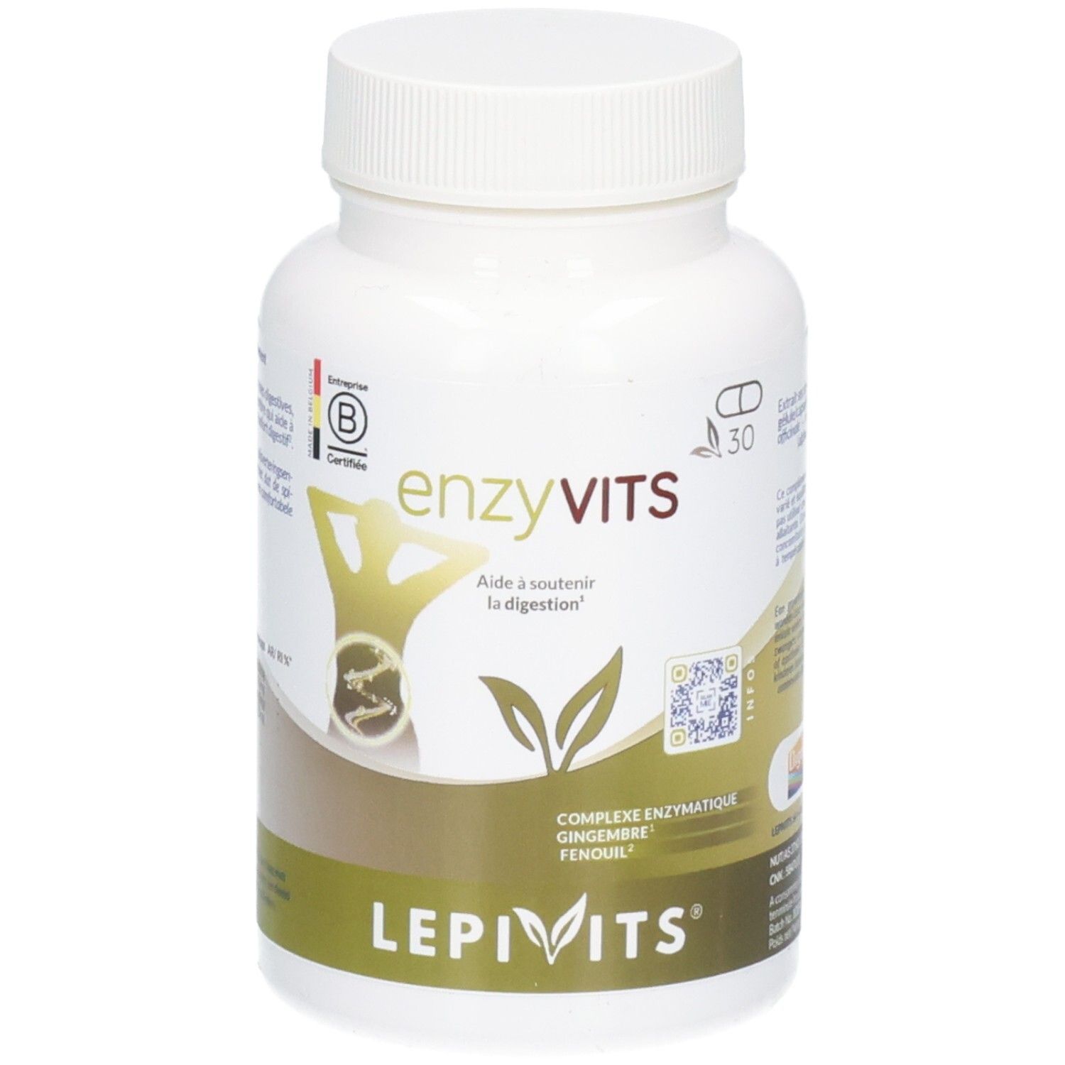 Vorderseite einer weißen Pillendose mit Lepivits Enzyvits-Etikett, das Verdauungshilfe anzeigt.