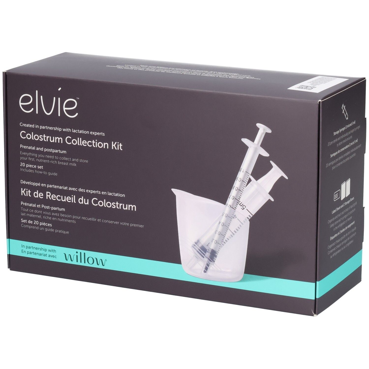 Elvie Colostrum Collection Kit Verpackung mit zwei Spritzen und einem Becher.