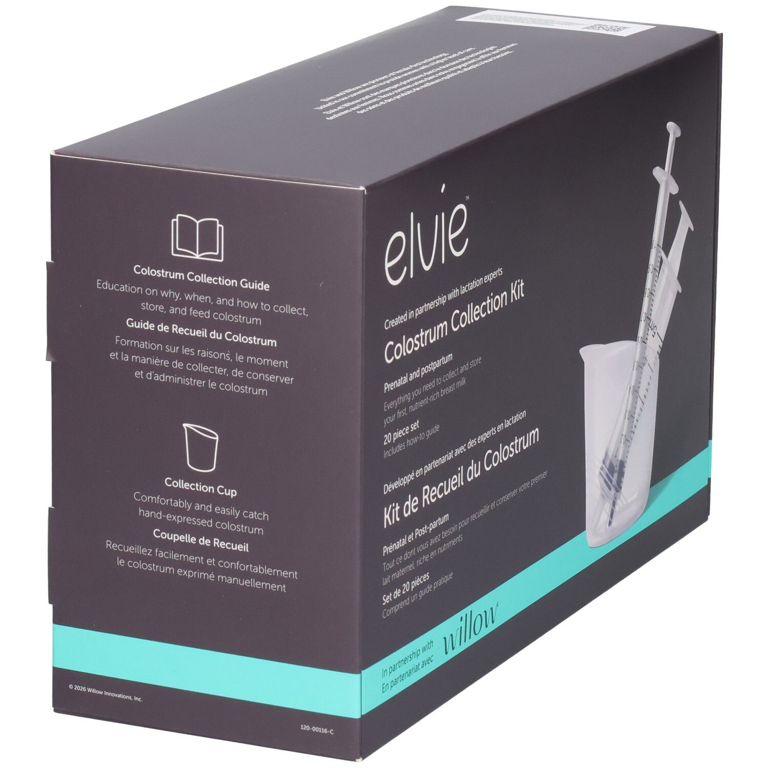 Elvie Colostrum Collection Kit Verpackung mit Anleitungs- und Becher-Symbolen.