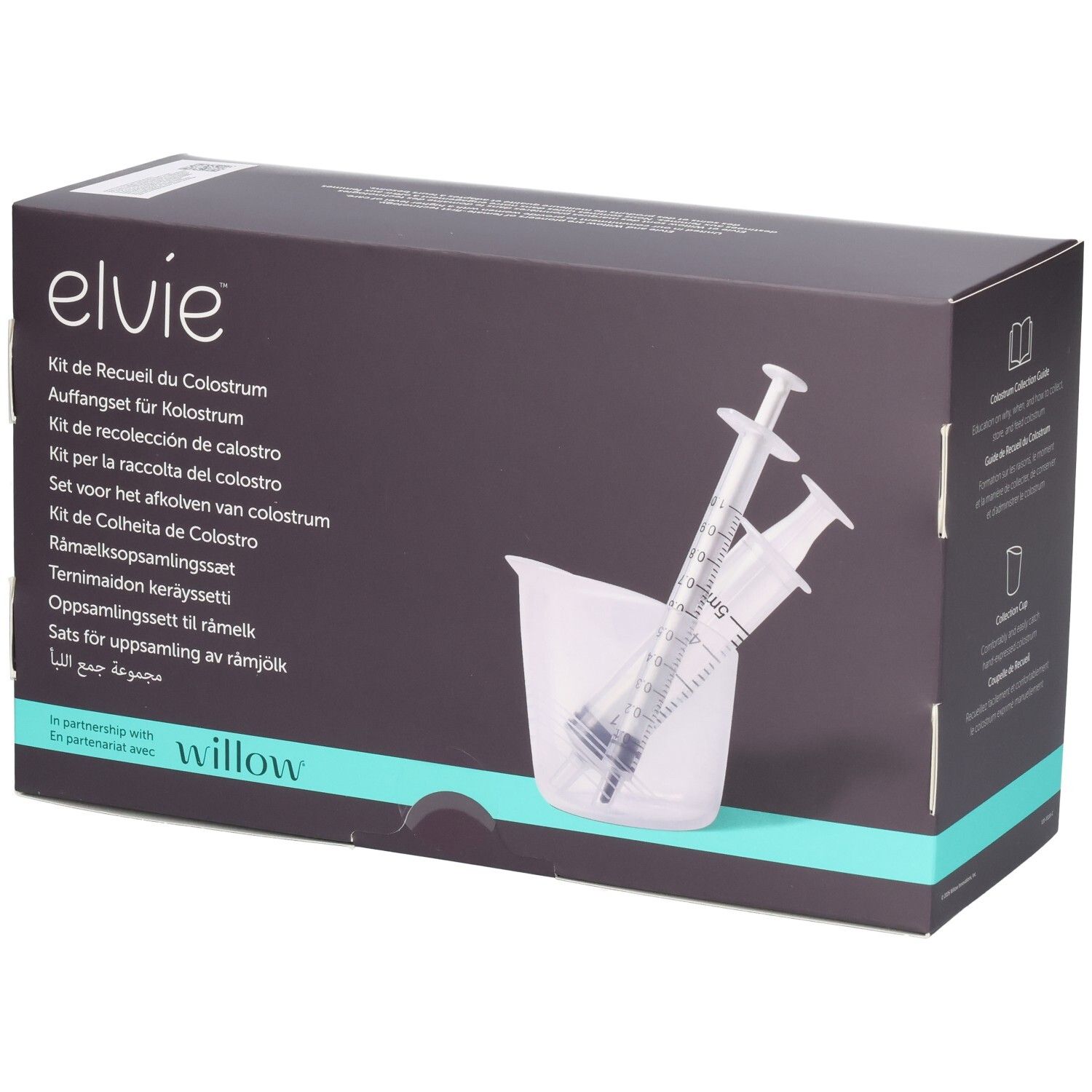 Elvie Kit de Recueil du Colostrum Verpackung mit Spritzen und Becher in mehreren Sprachen.