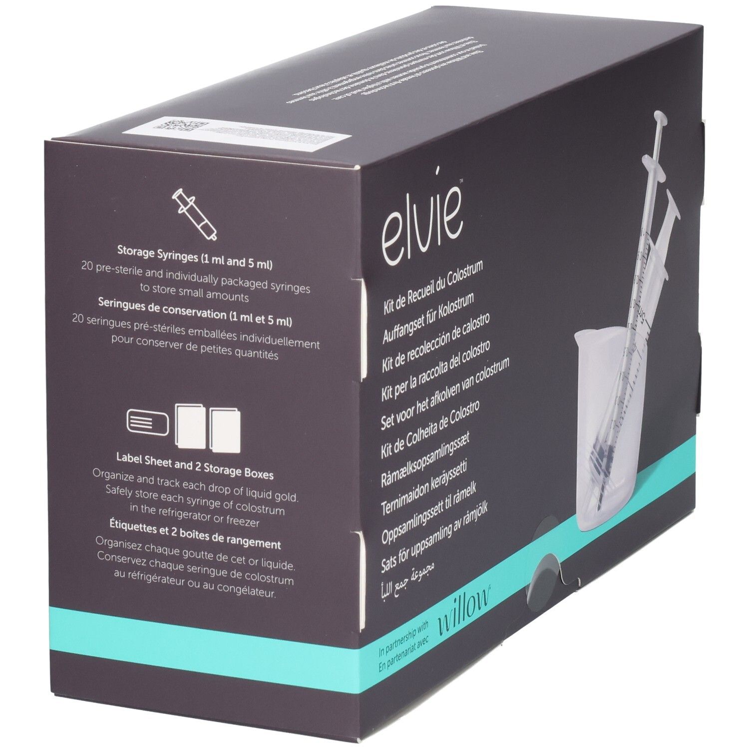 Elvie Colostrum Collection Kit Verpackung mit Lagerungs- und Etikettierungsanweisungen.