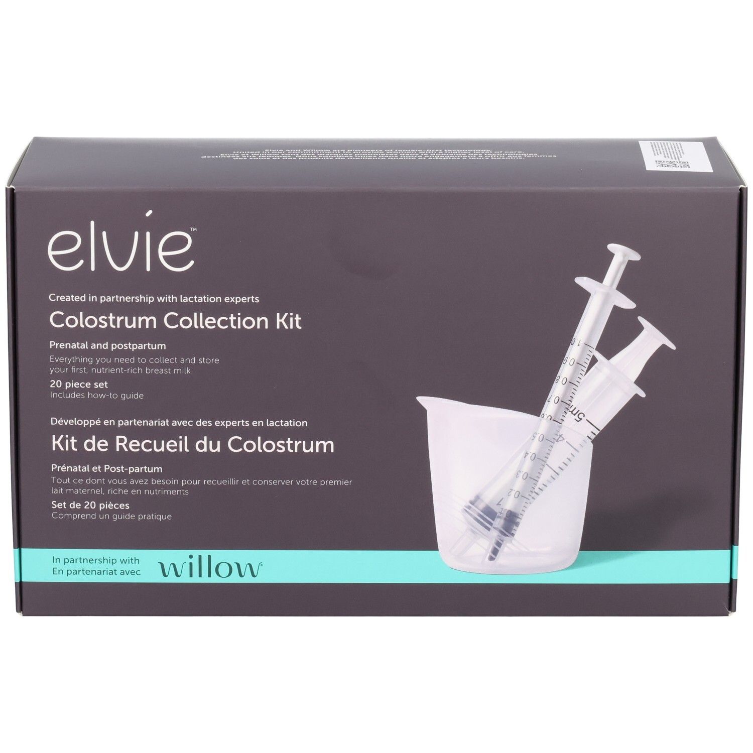 Elvie Colostrum Collection Kit Verpackung mit zwei Spritzen und einem Becher.