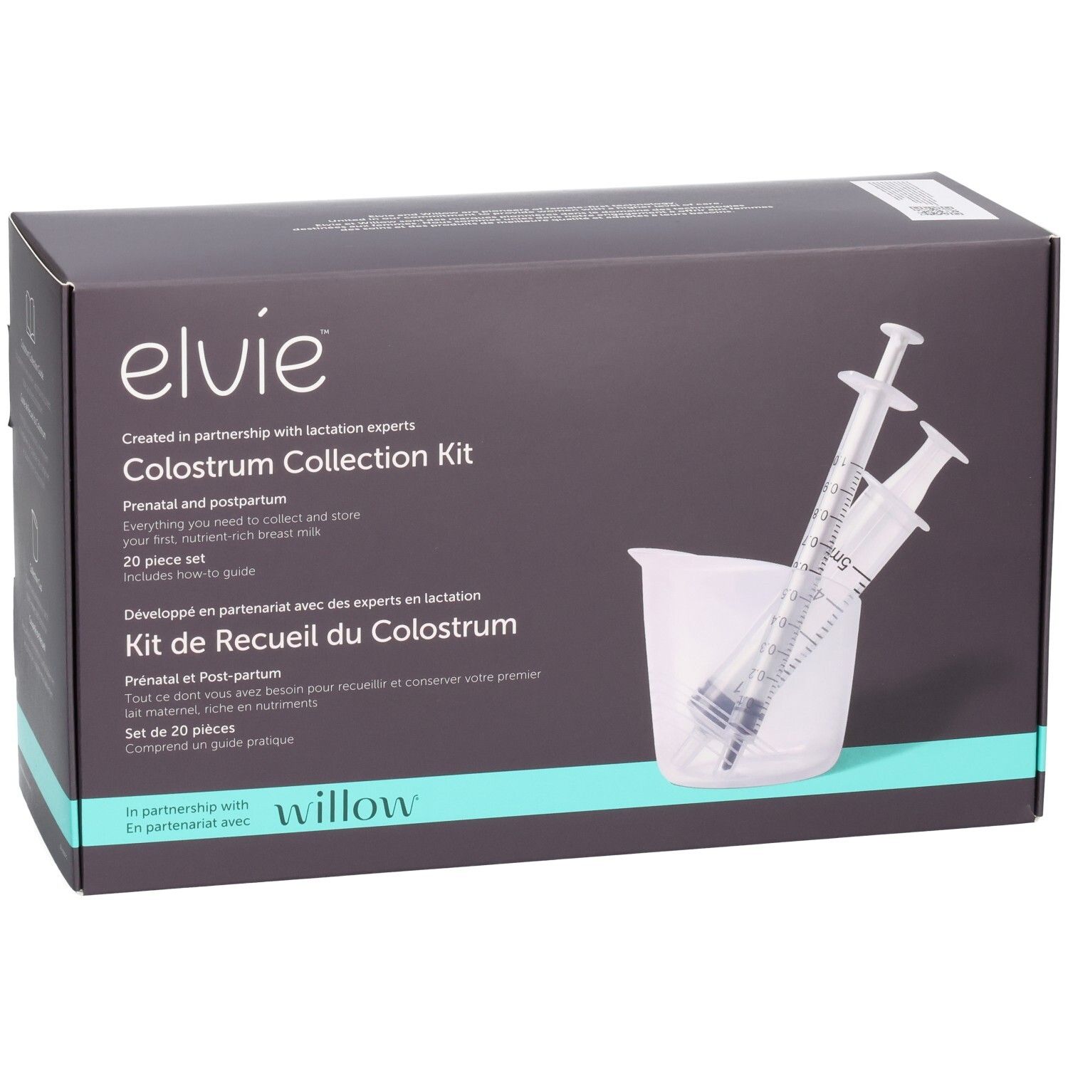 Elvie Colostrum Collection Kit Verpackung mit zwei Spritzen und einem Becher.