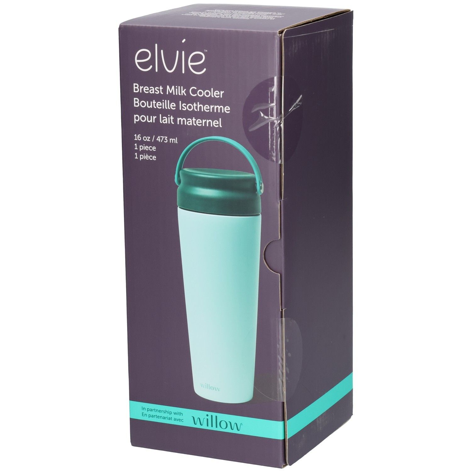 Elvie Kühlflasche für Muttermilch in Hellblau mit dunklem Deckel und Henkel, verpackt im Karton.