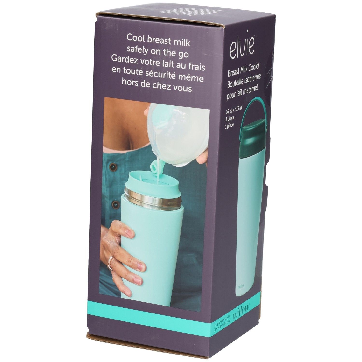 Elvie Kühlflasche für Muttermilch in Hellblau, mit dunklem Deckel und Henkel, auf der Vorderseite der Verpackung ist eine Hand beim Einfüllen von Milch zu sehen.