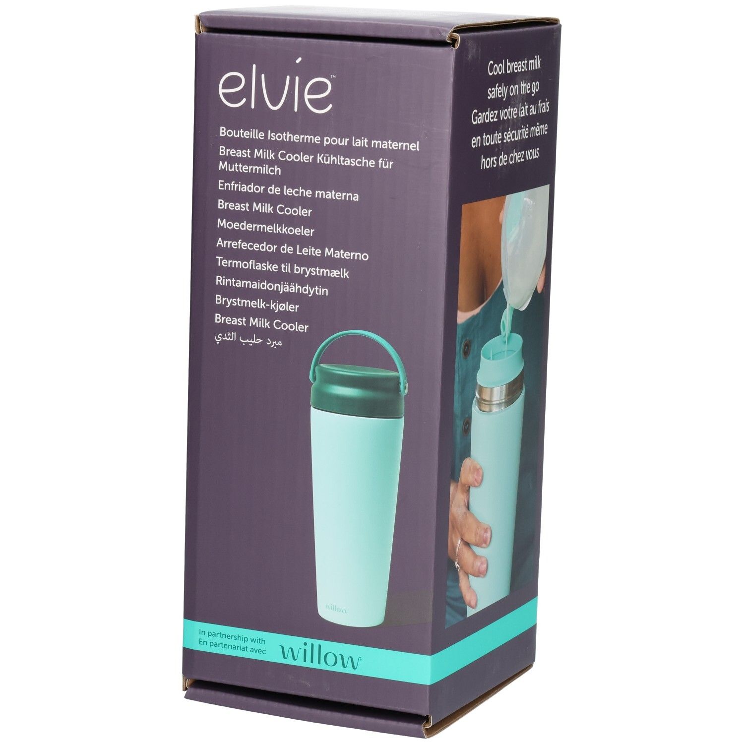 Elvie Kühlflasche für Muttermilch in Hellblau mit dunklem Deckel und Henkel, auf der Verpackung sind Produktnamen in mehreren Sprachen aufgeführt.