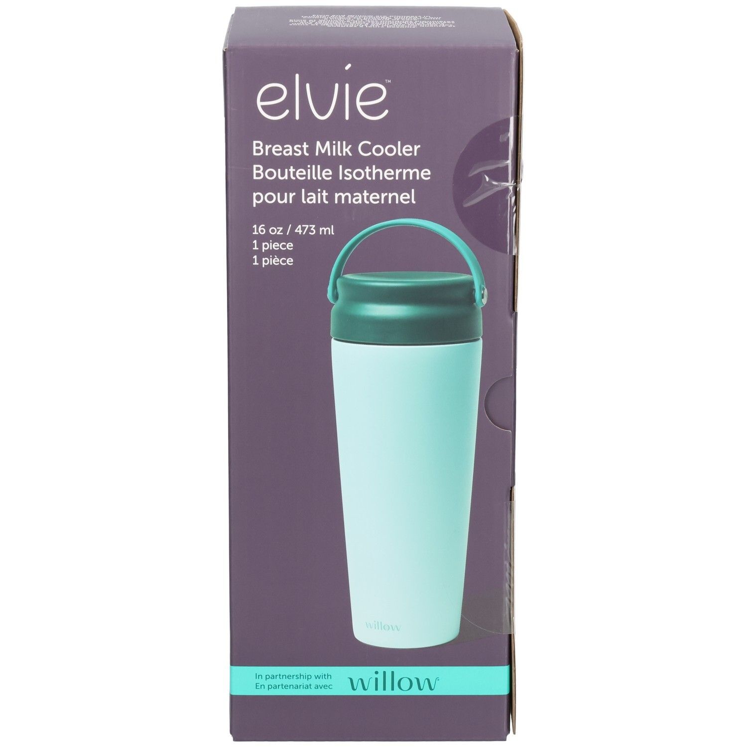Elvie Kühlflasche für Muttermilch in Hellblau mit dunklem Deckel und Henkel, verpackt im Karton.