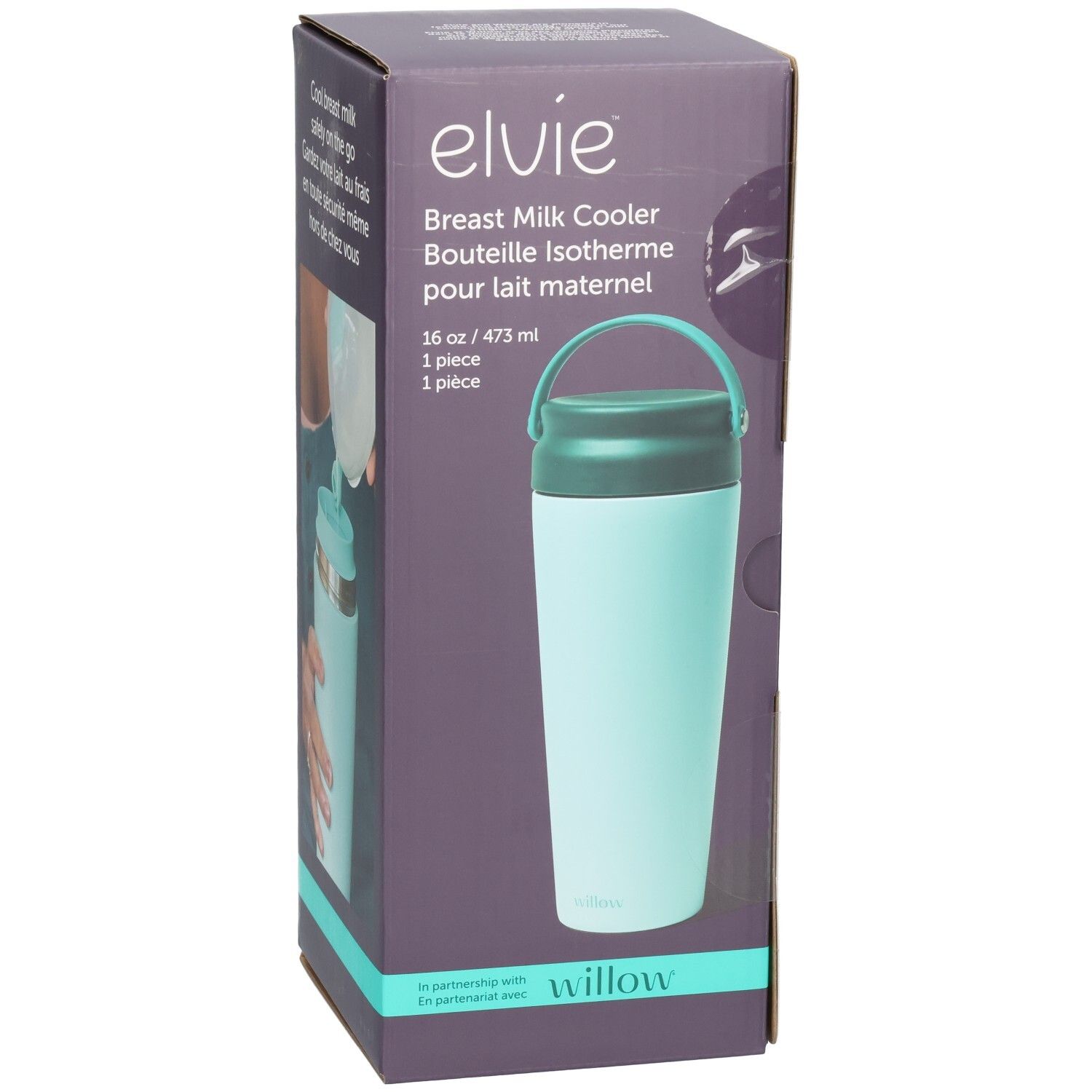 Elvie Kühlflasche für Muttermilch in Hellblau mit dunklem Deckel und Henkel, auf der Vorderseite der Verpackung ist eine Hand beim Einfüllen von Milch zu sehen.