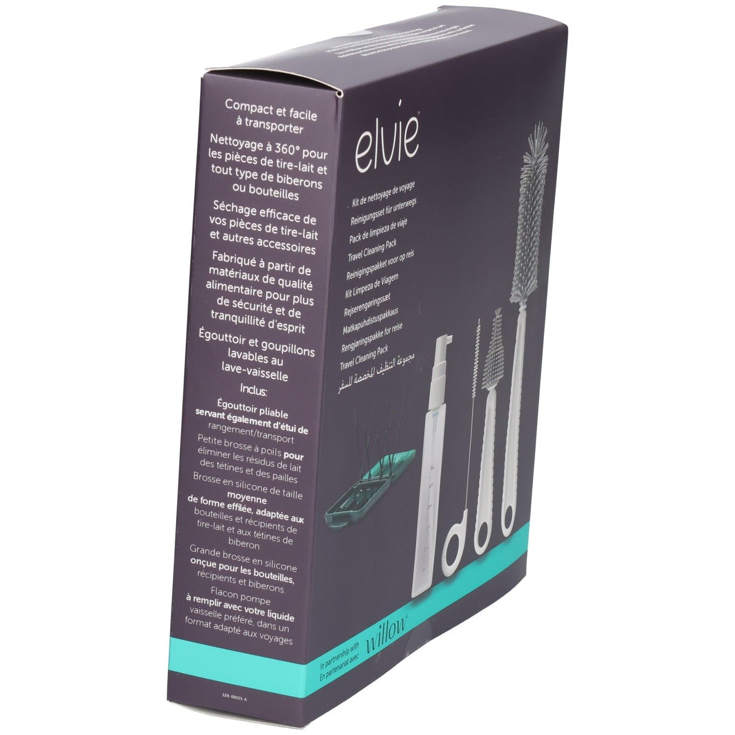 Verpackung für Elvie Reise-Reinigungsset mit Flaschenbürste, Schnullerbürste und Abtropfgestell.