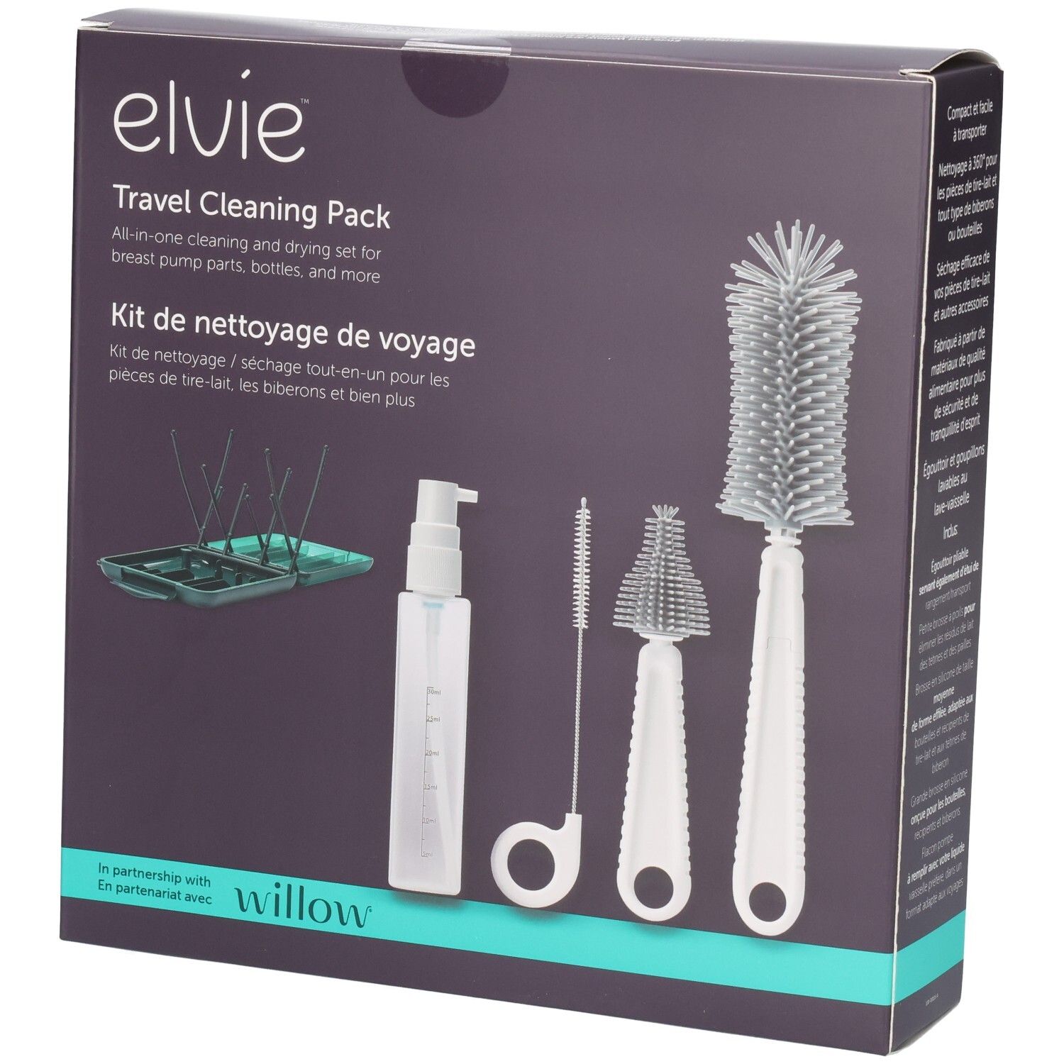 Elvie Travel Cleaning Pack: Reise-Reinigungs- und Trocknungsset mit Flaschenbürste, Nippelbürste und Trockengestell.