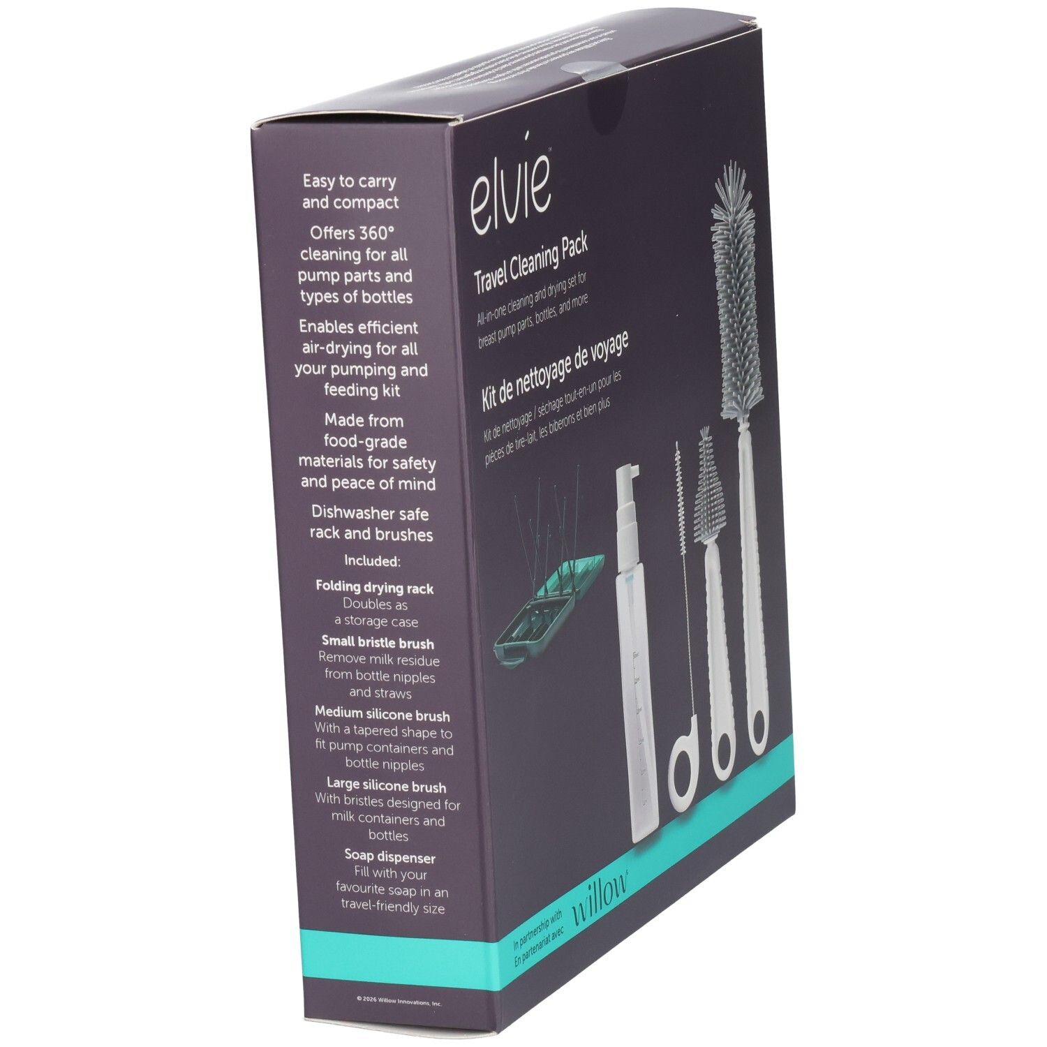Elvie Travel Cleaning Pack: Bürsten, Trockenständer und Seifenspender für Pumpenteile und Flaschen.