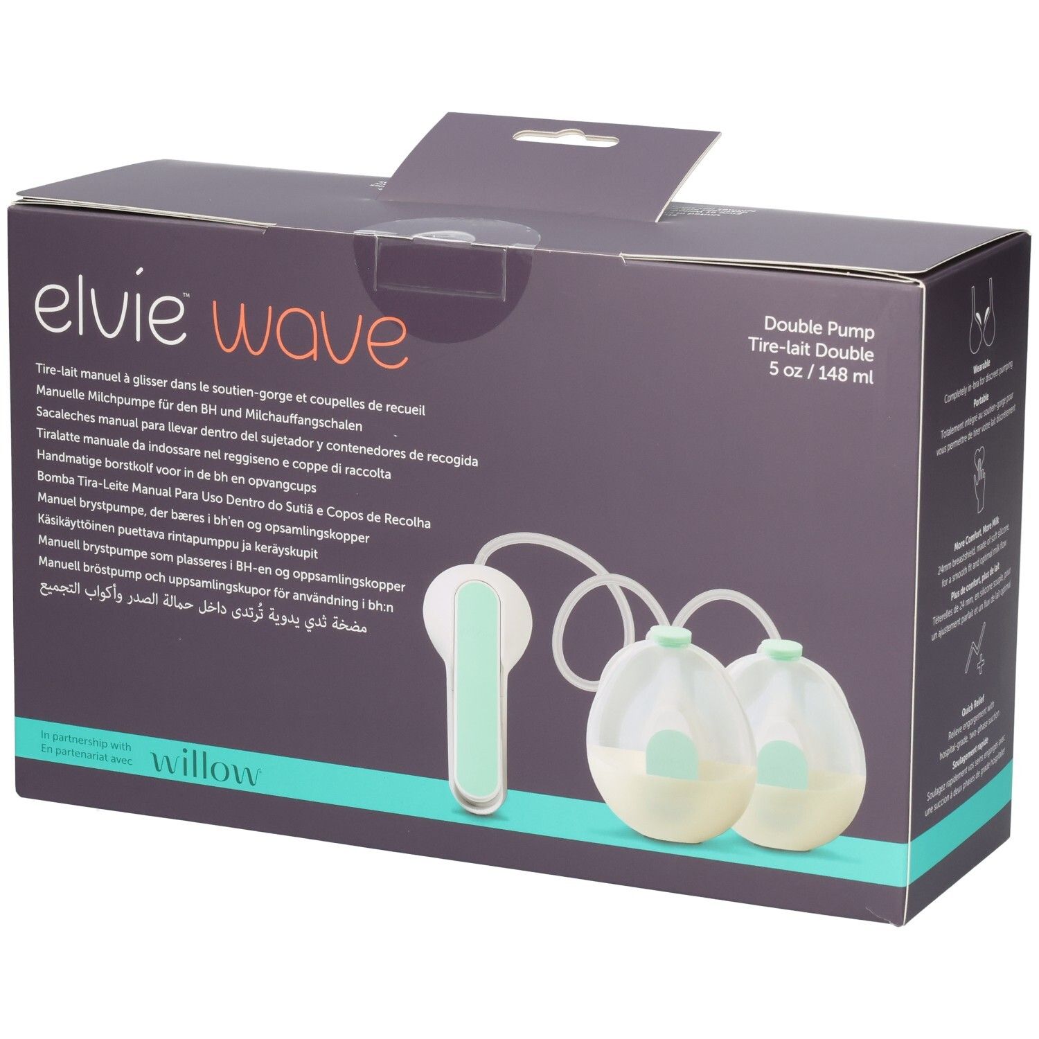 Elvie Willow Doppel-Milchpumpe: Mehrere Sprachen auf der Verpackung.