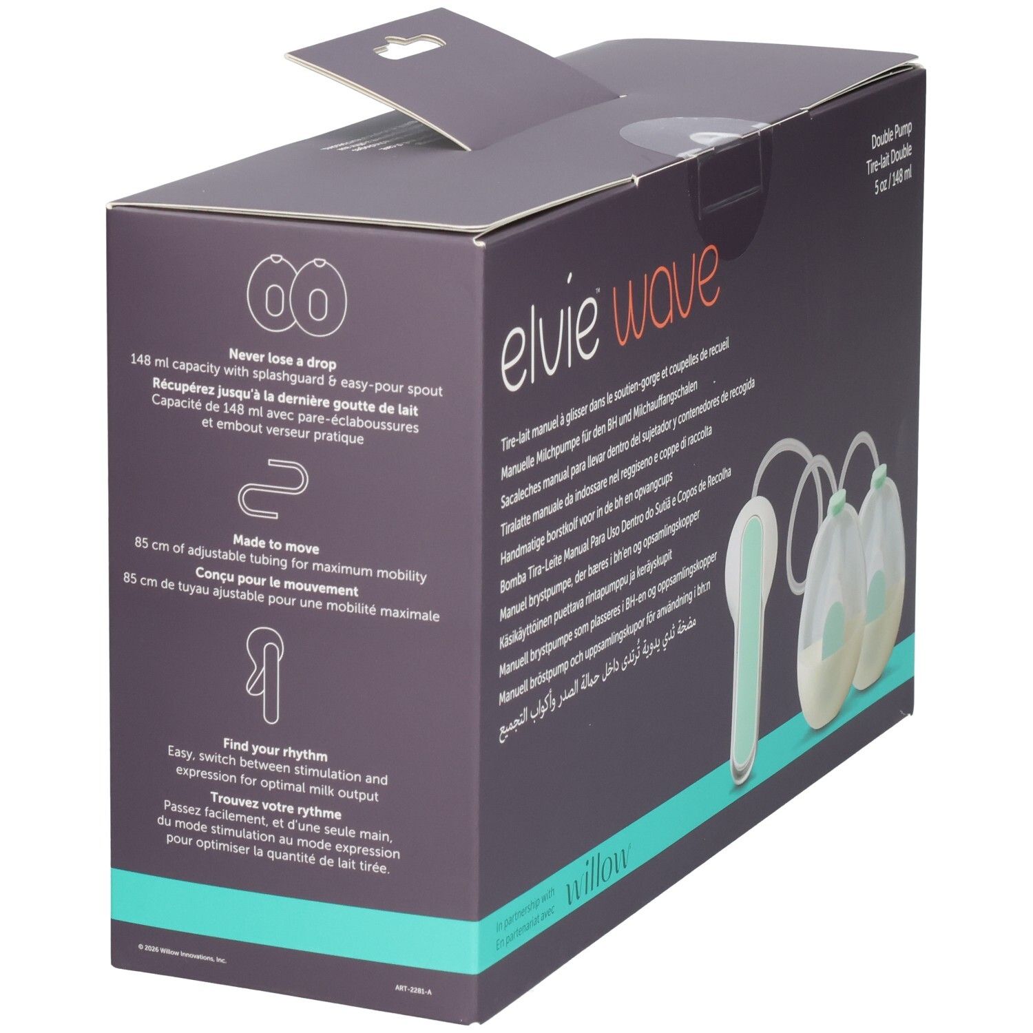 Elvie Willow Doppel-Milchpumpe: 148ml Kapazität, tropffrei, 85cm verstellbarer Schlauch.
