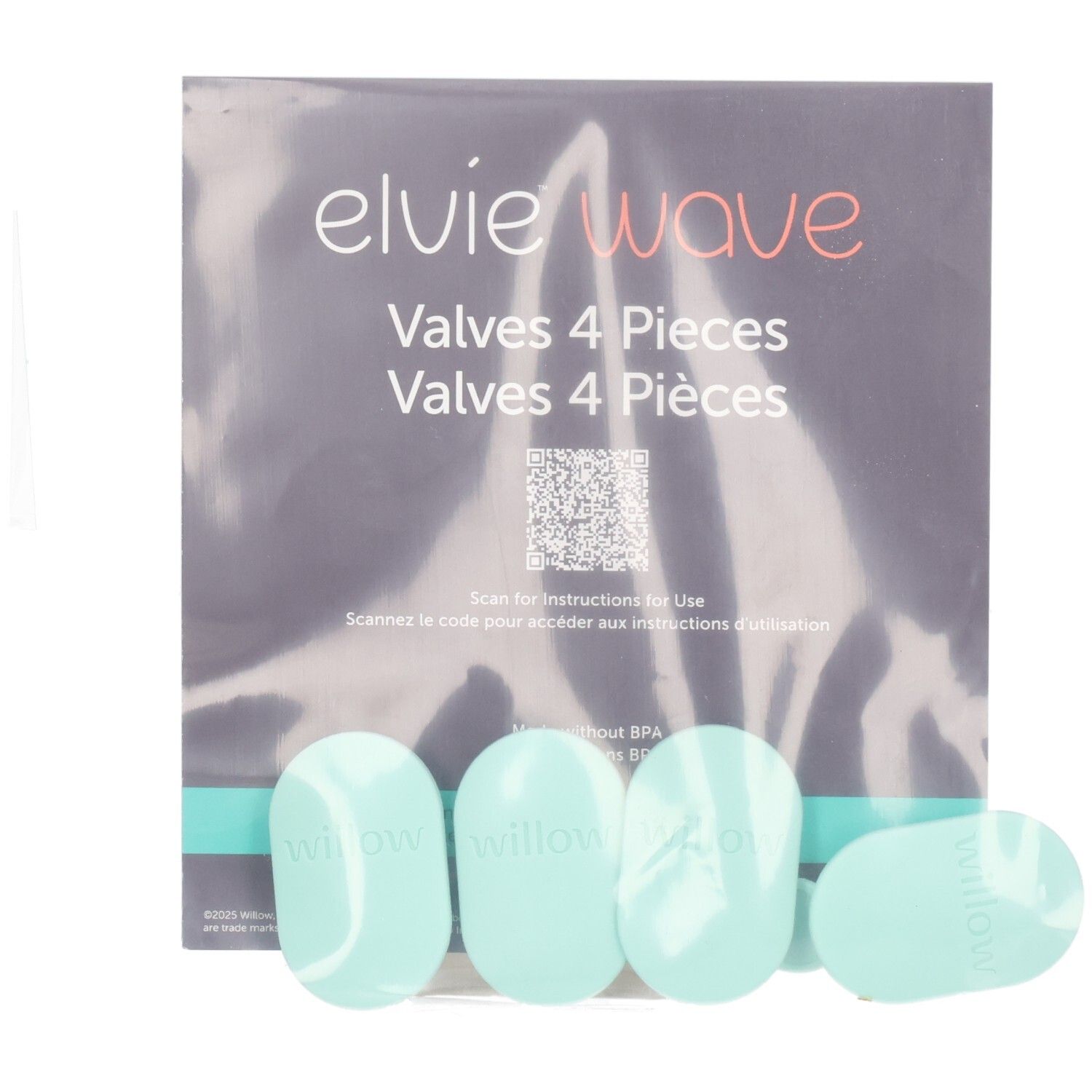 Vier mintgrüne Elvie Wave Ventile in ovaler Form, mit dem Logo 'willow' versehen. Verpackt in einer grauen Kartonschachtel.