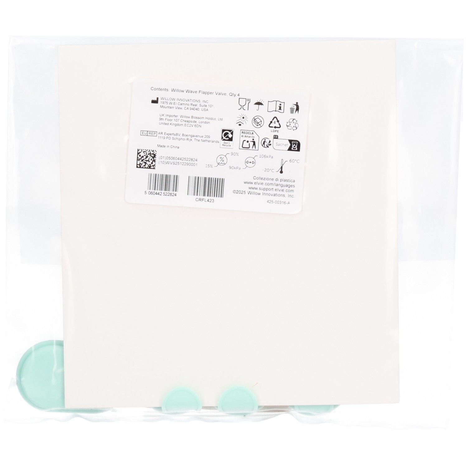 Rückseite der Elvie Wave Ventile-Verpackung mit Produktinformationen und Symbolen. Vier mintgrüne Ventile sind sichtbar.
