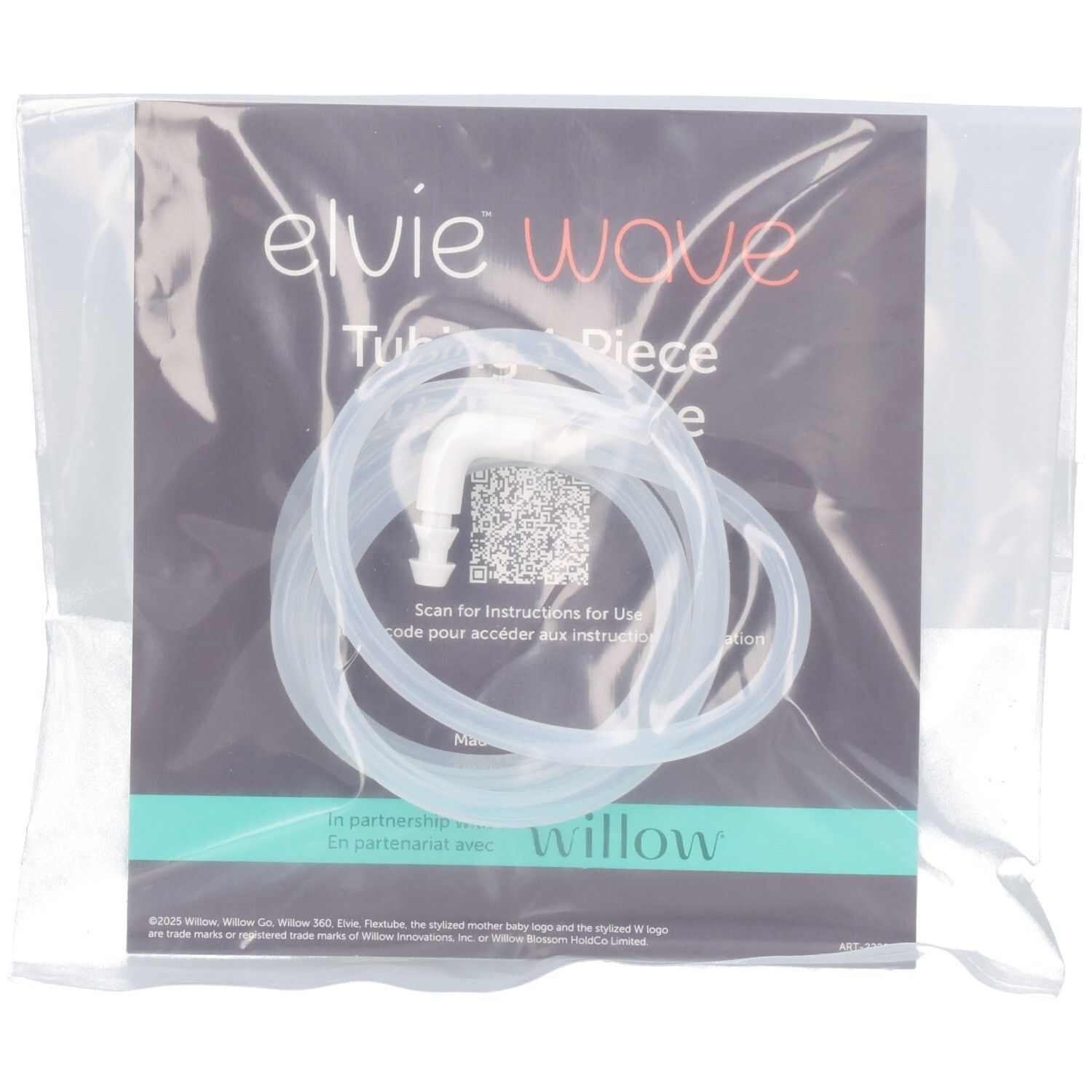 Elvie Wave Schläuche-Set in Verpackung. Enthält einen transparenten Schlauch und ein weißes Verbindungsstück.
