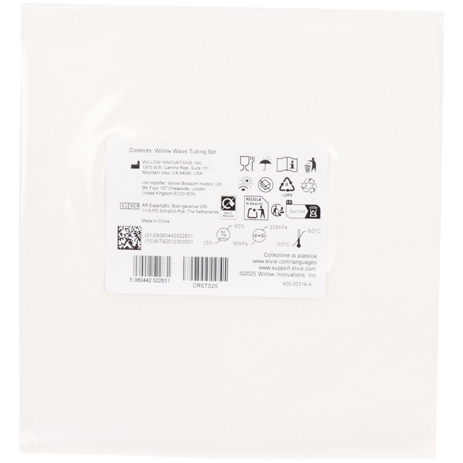 Rückseite der Elvie Wave Schläuche-Set-Verpackung mit Inhaltsangabe und Symbolen.
