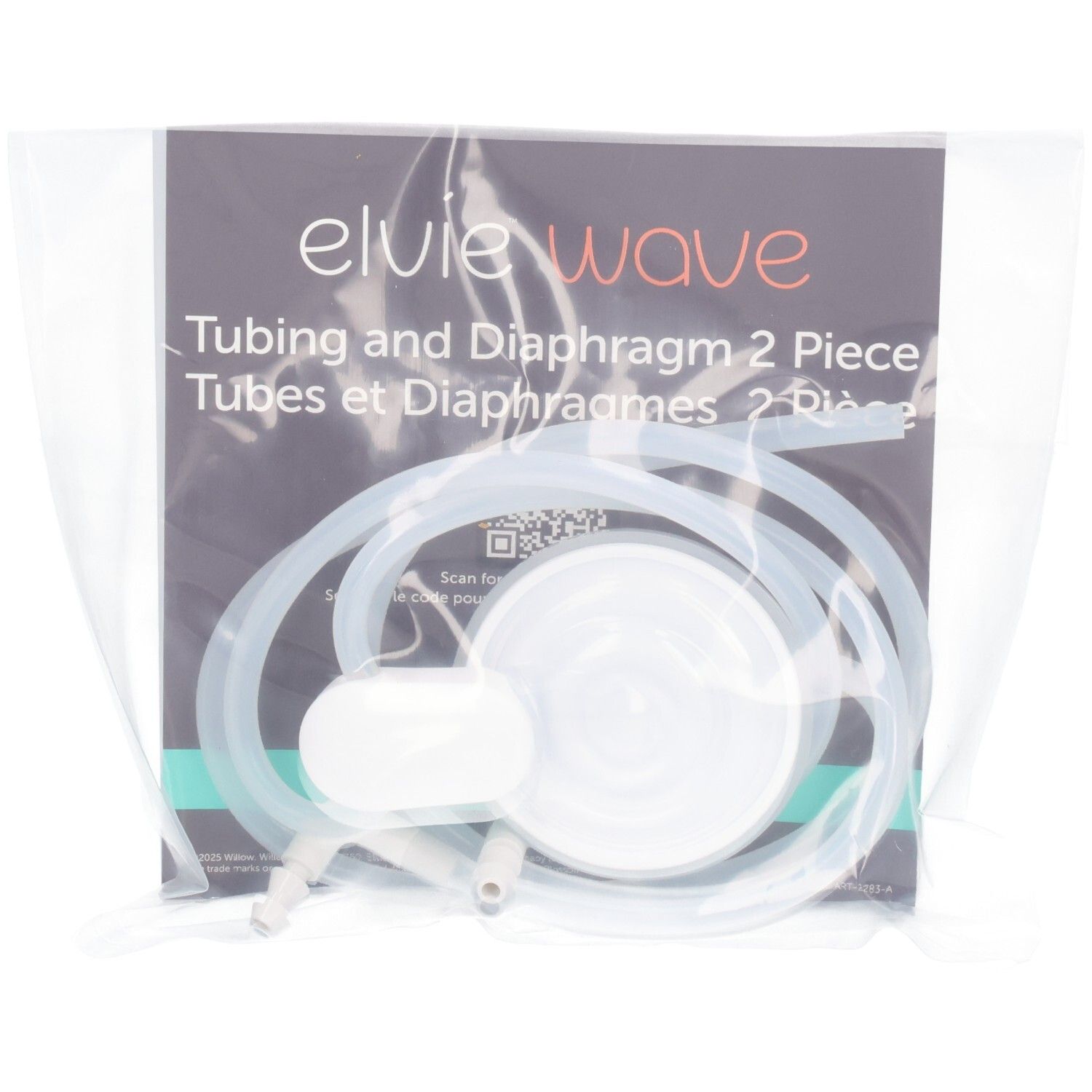 Elvie Wave Doppel-Schlauchset in Verpackung mit Schläuchen und Membranen.