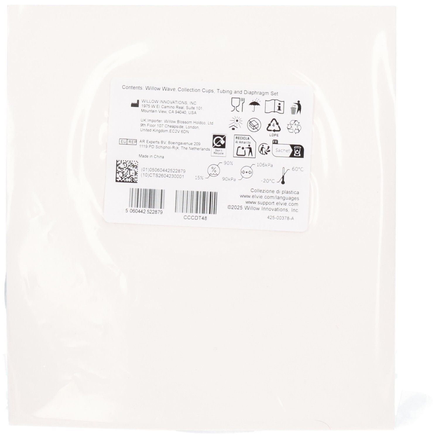 Rückseite der Elvie Wave Doppel-Schlauchset-Verpackung mit Inhaltsangabe und Symbolen.