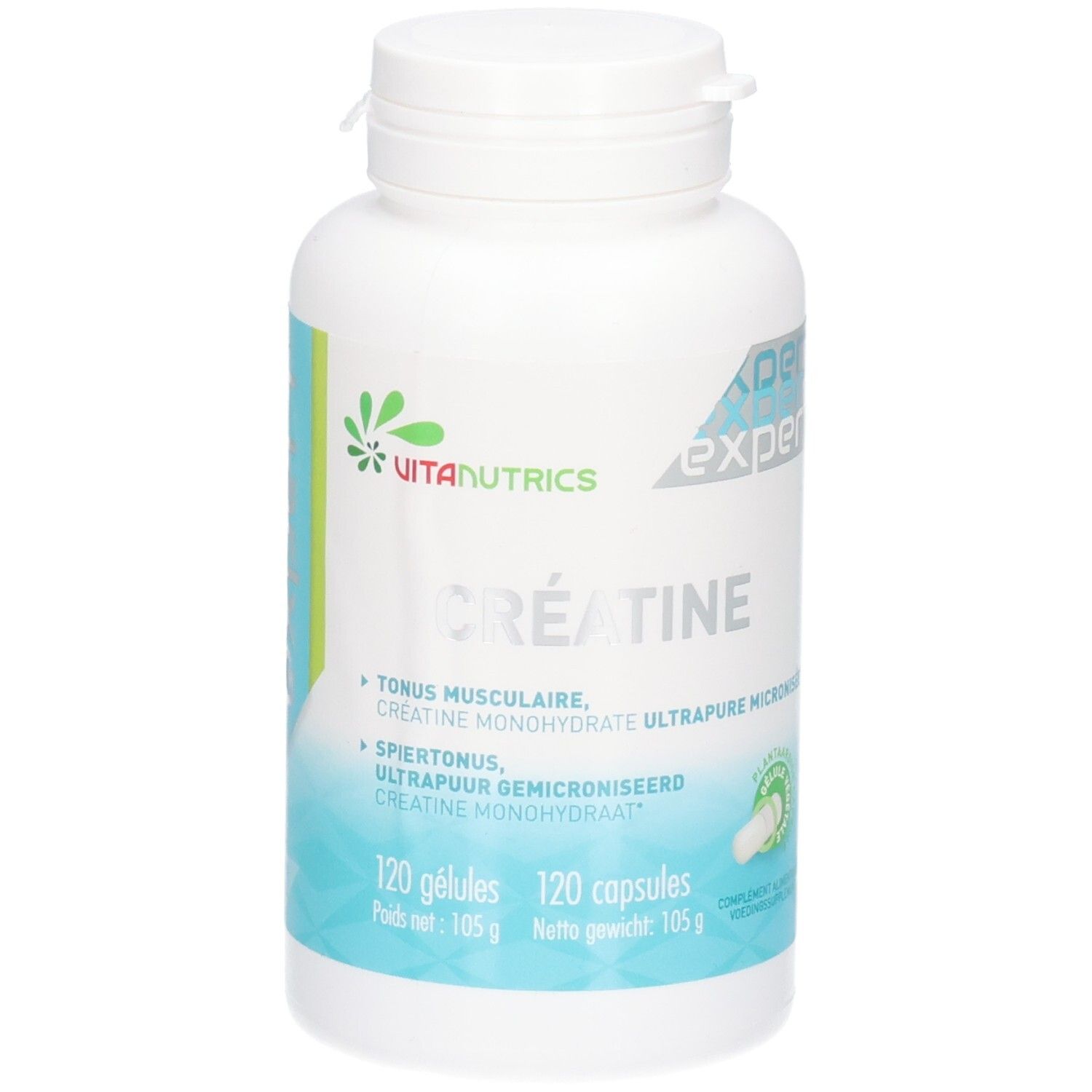 Vitanutrics Creatine Expert Kapseln: Weiße Flasche mit 120 Kapseln, Etikett mit Produktinformationen.