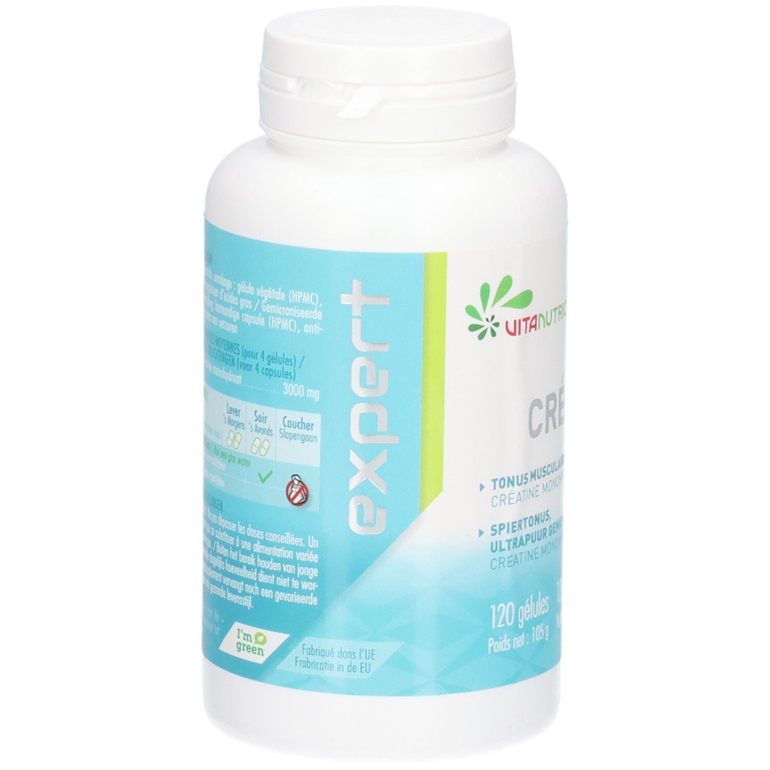 Vitanutrics Creatine Expert Kapseln: Rückseite der Flasche mit detaillierten Informationen und Inhaltsstoffen.