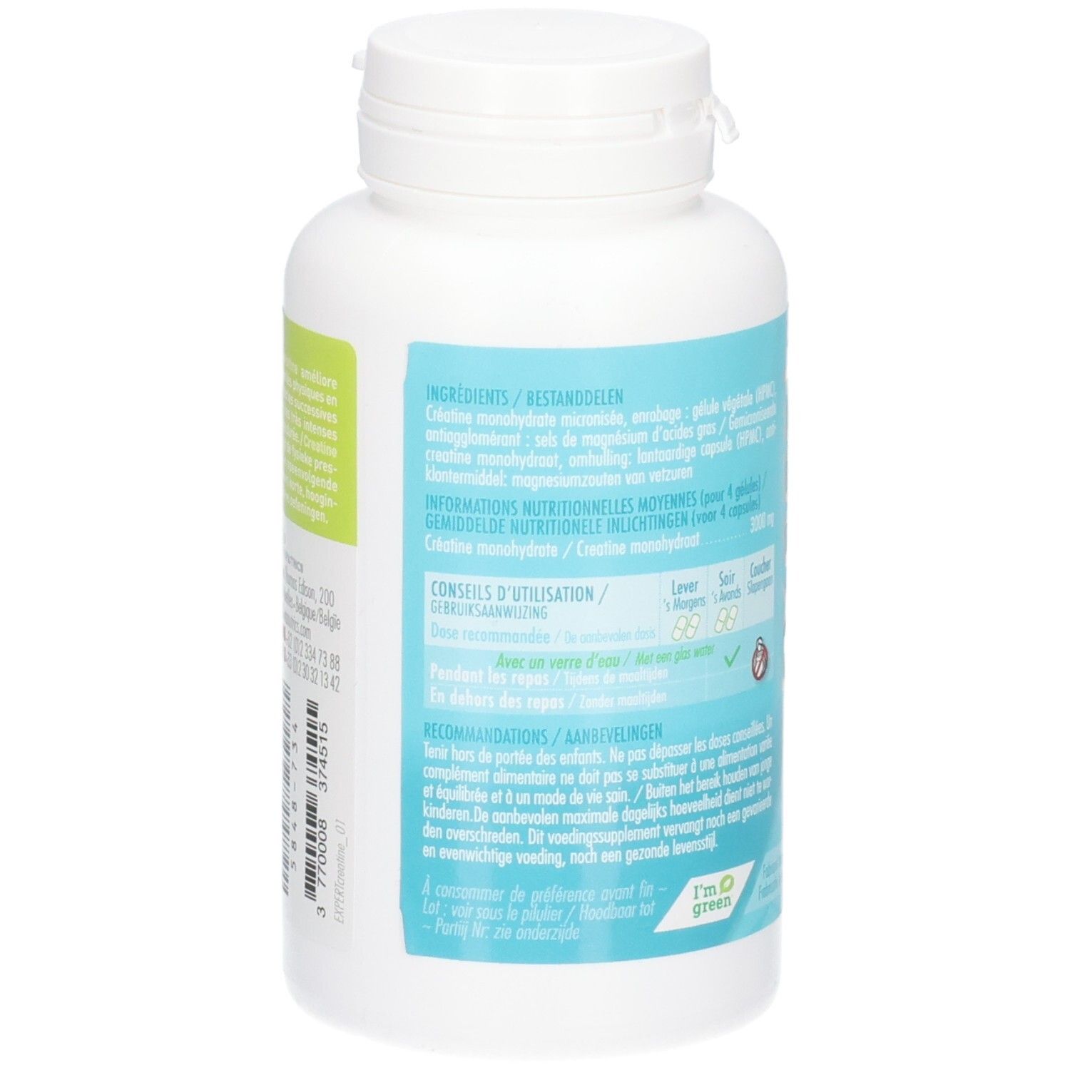Vitanutrics Creatine Expert Kapseln: Seitenansicht der Flasche mit Nährwertangaben und Anwendungshinweisen.