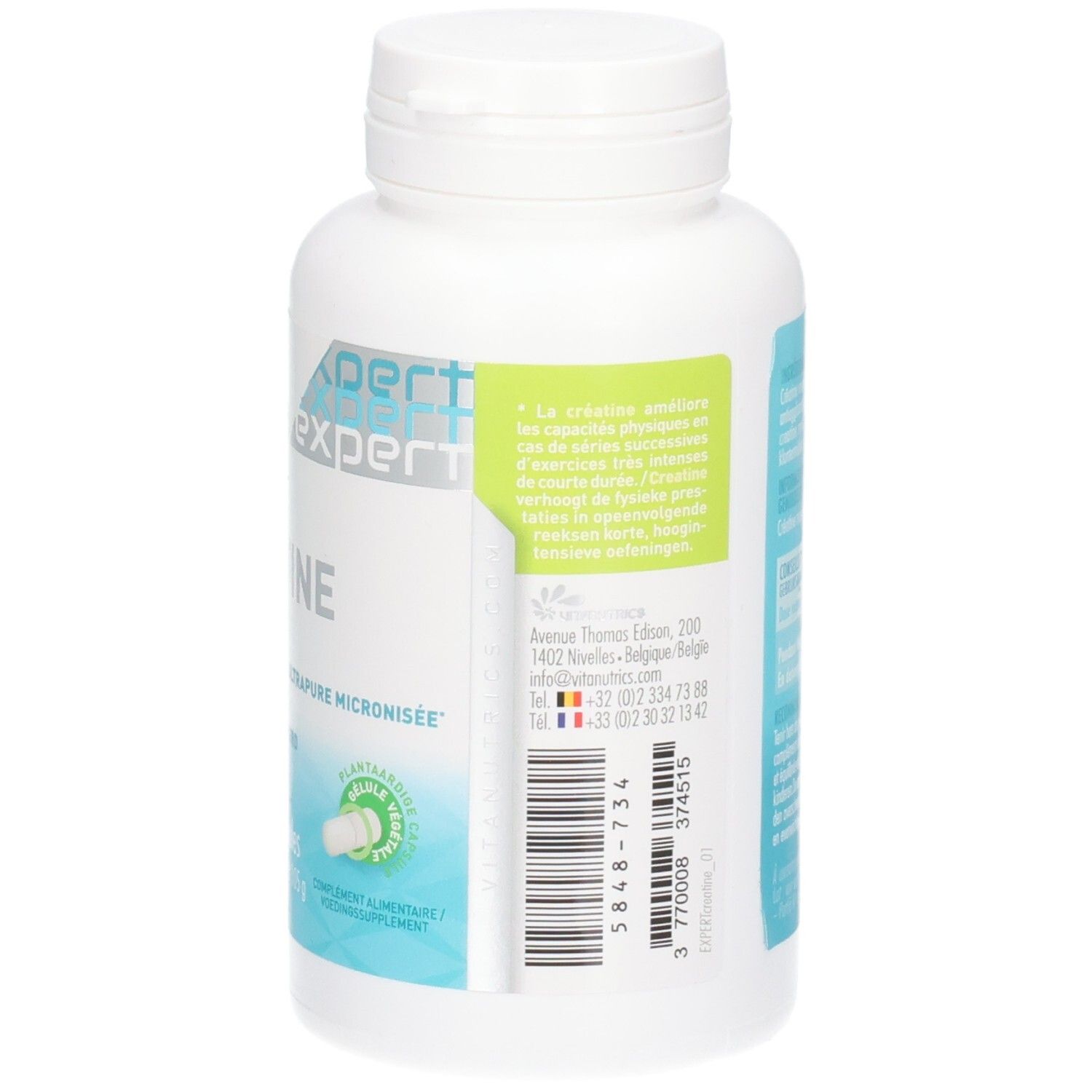 Vitanutrics Creatine Expert Kapseln: Seitenansicht mit Barcode und Herstellerinformationen.