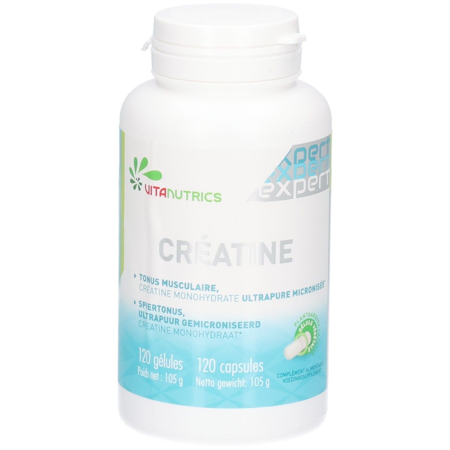 Vitanutrics Creatine Expert Kapseln: Flasche mit Etikett, das '120 Kapseln' und '105 g' angibt.