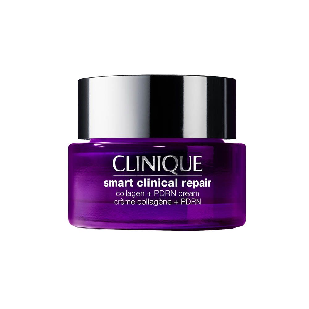 Clinique Smart Clinical Repair Tiegel mit lila Glas und silbernem Deckel. Enthält Kollagen + PDRN Creme.