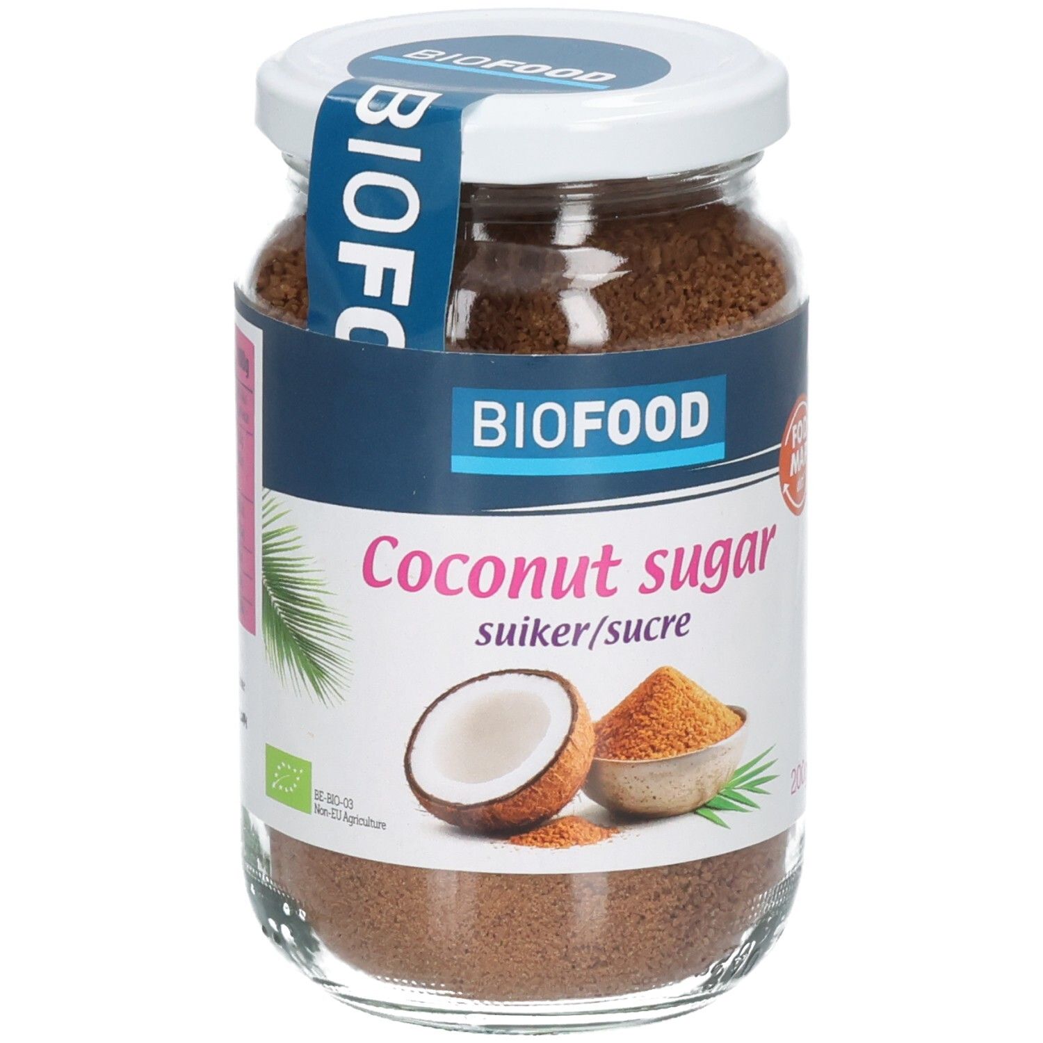 Biofood Kokosblütenzucker in einem Glas mit Etikett, das eine Kokosnuss und eine Schale mit Zucker zeigt.