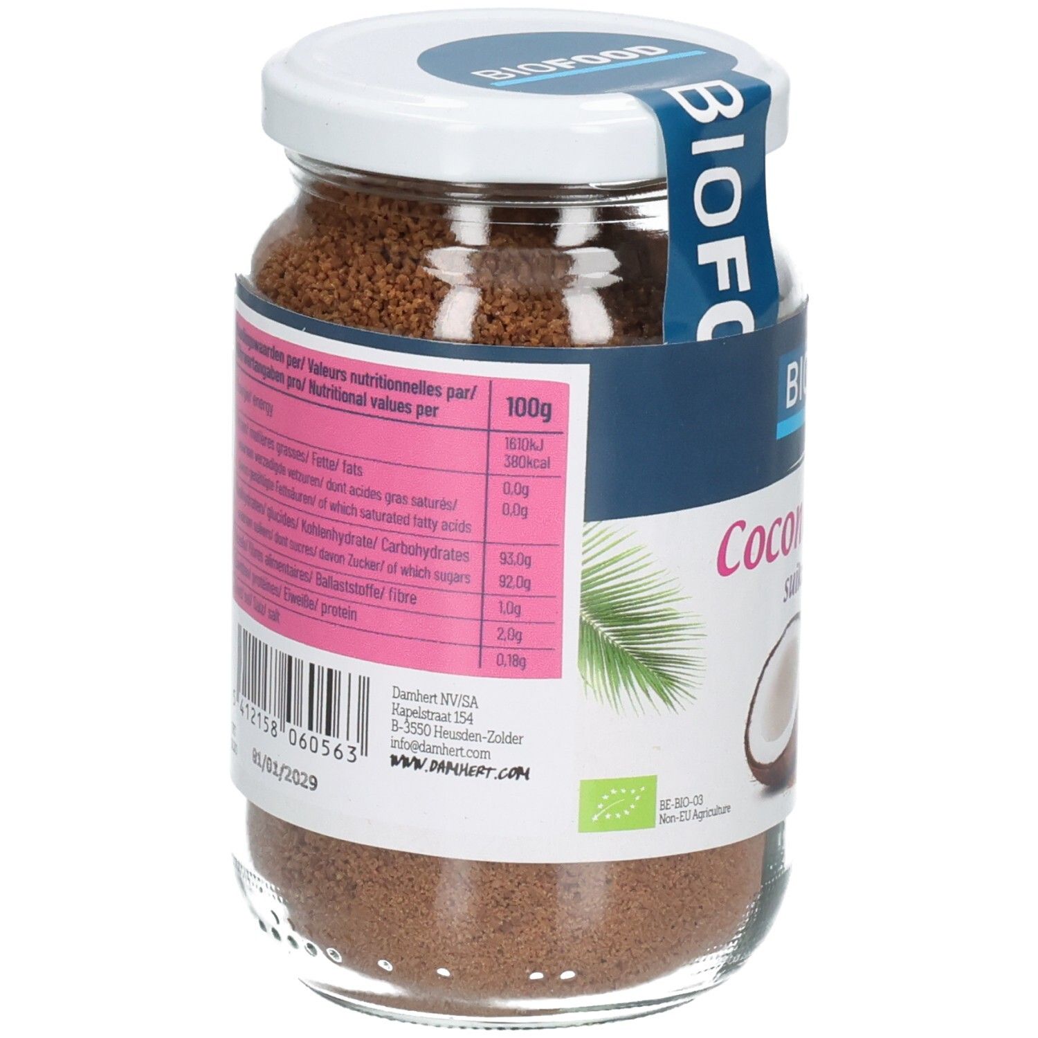 Rückseite eines Glases Biofood Kokosblütenzucker mit Nährwertangaben und Barcode.