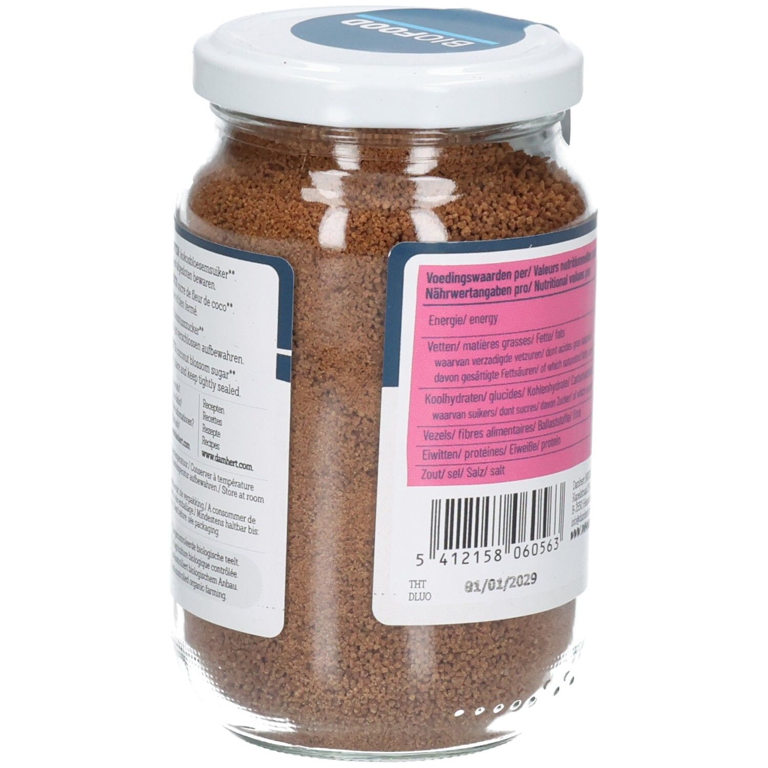 Seitenansicht eines Glases Biofood Kokosblütenzucker mit Etikett und Nährwertangaben.