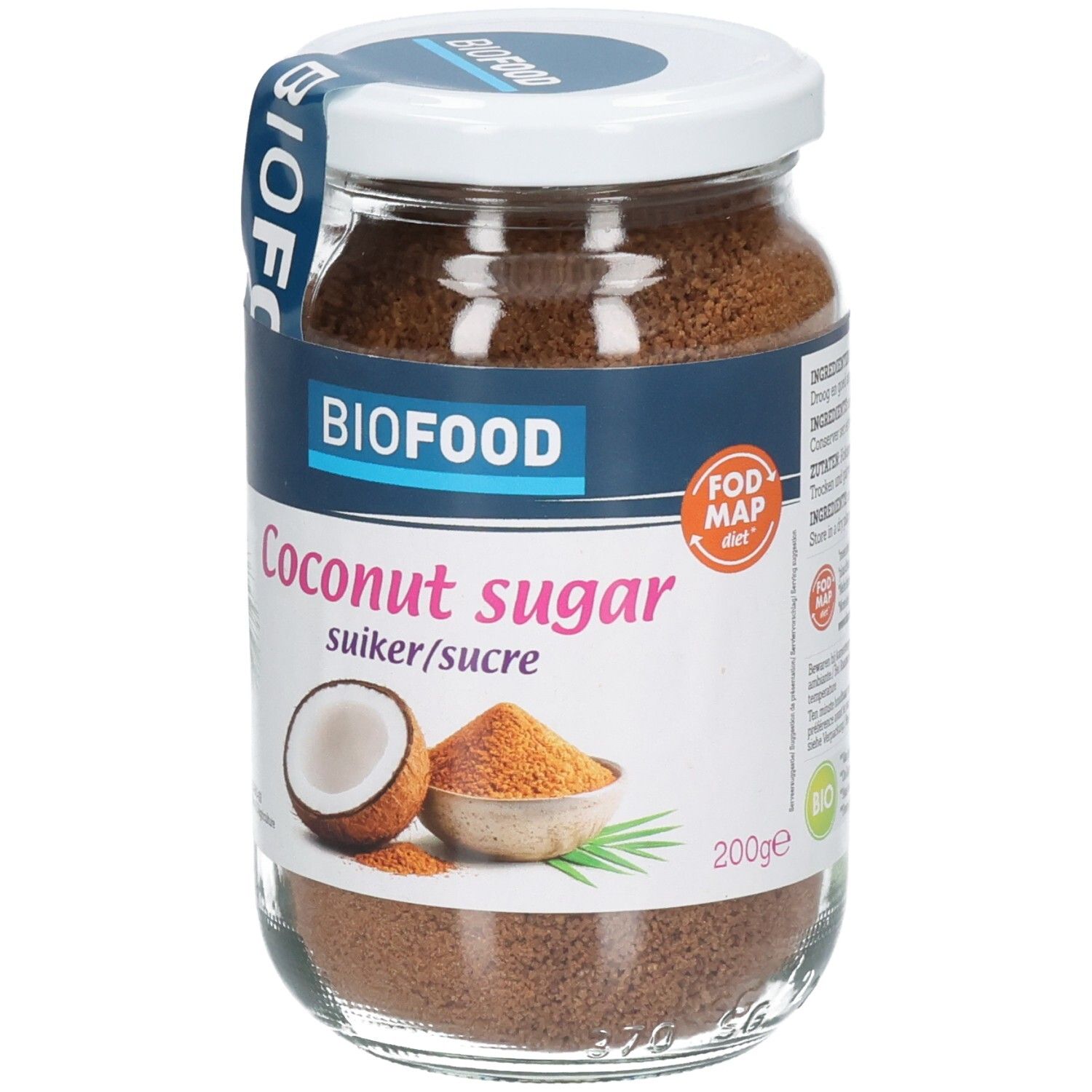 Glas Biofood Kokosblütenzucker mit Etikett, das 'FODMAP diet' und 200g angibt.