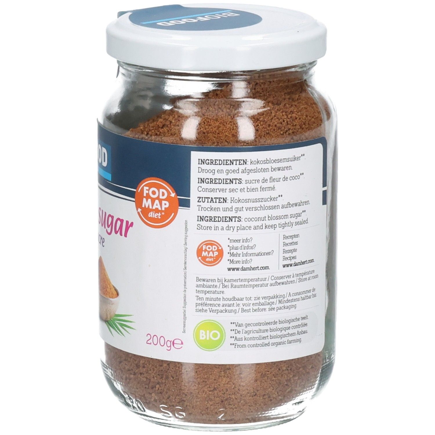 Rückseite eines Glases Biofood Kokosblütenzucker mit Zutatenliste und 'FODMAP diet'-Siegel.