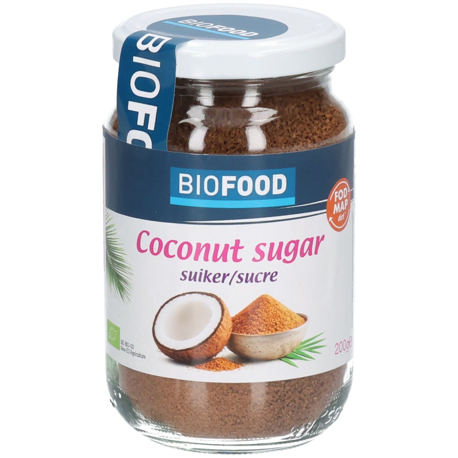 Glas Biofood Kokosblütenzucker mit Etikett, das 'FODMAP diet', eine Kokosnuss und 200g zeigt.