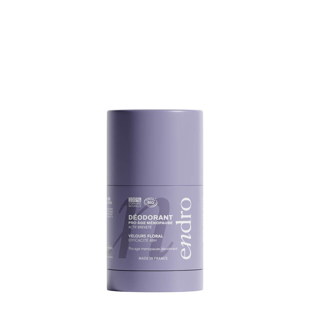 Stick déodorant lilas avec inscriptions 'Endro' et 'Déodorant Pro-Âge Ménopause'.