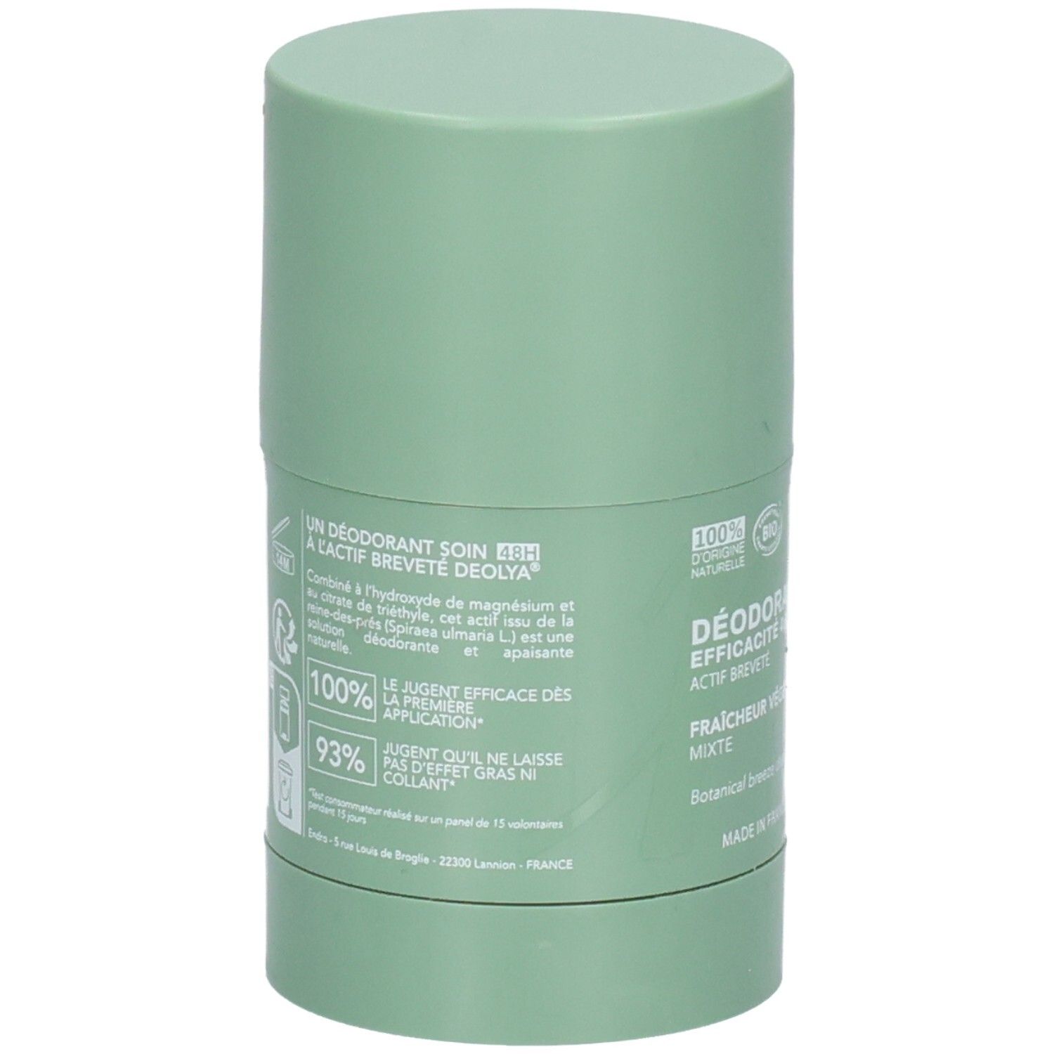 Endro Deodorant Stick Rückseite: Bio-zertifiziert, 100% natürliche Inhaltsstoffe, 48H Wirksamkeit.