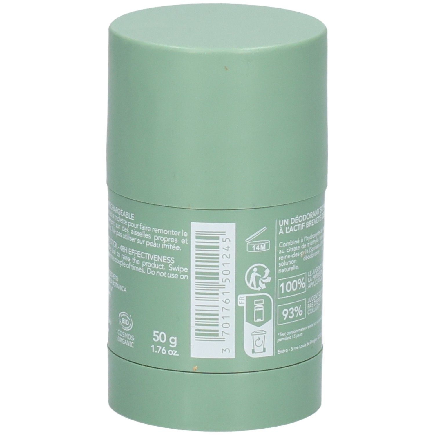 Endro Deodorant Stick: 50g, 48H Wirksamkeit, Bio-zertifiziert. Barcode und Produktinformationen.