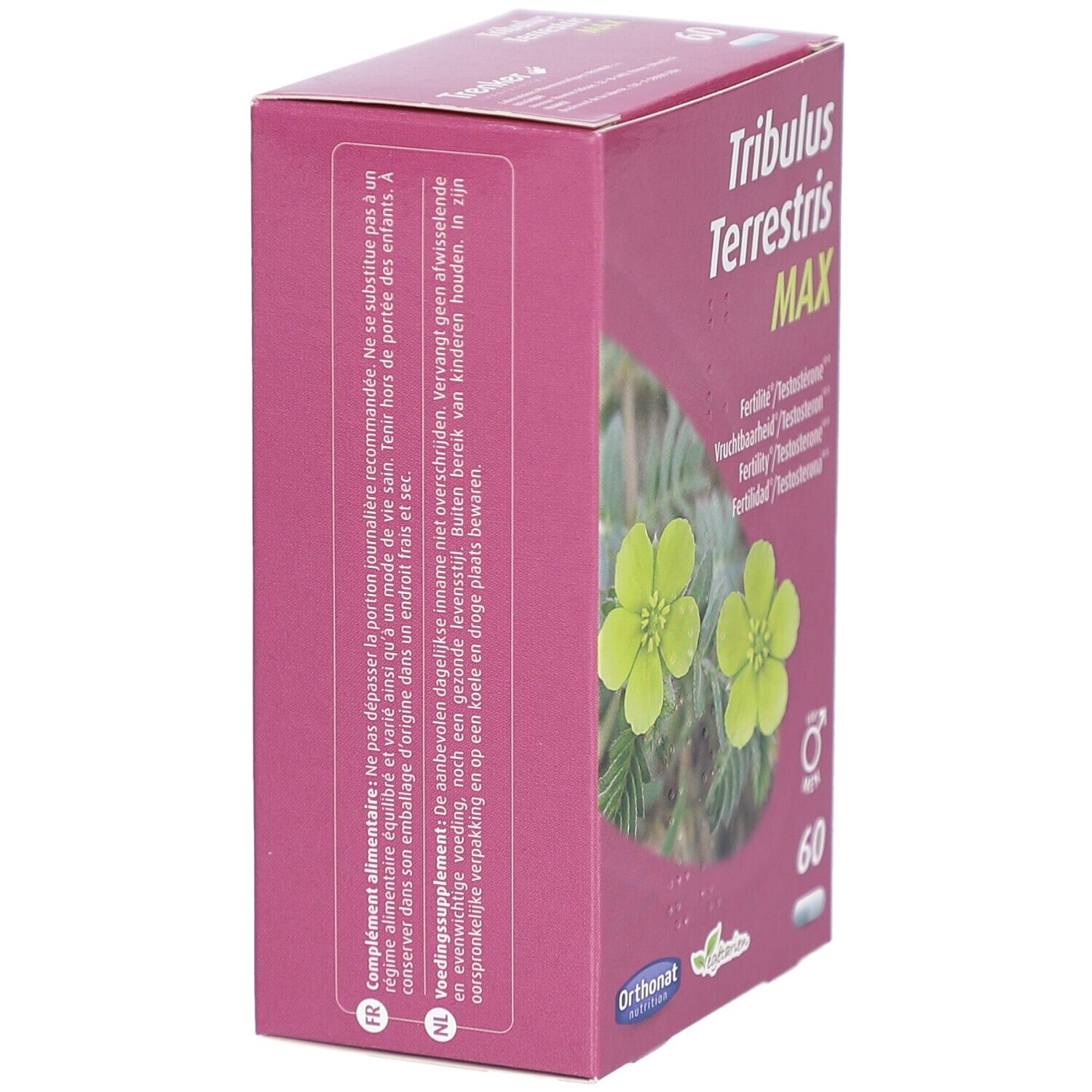 Boîte rose, vue latérale. Texte en français et néerlandais. Marque : Orthonat Nutrition.