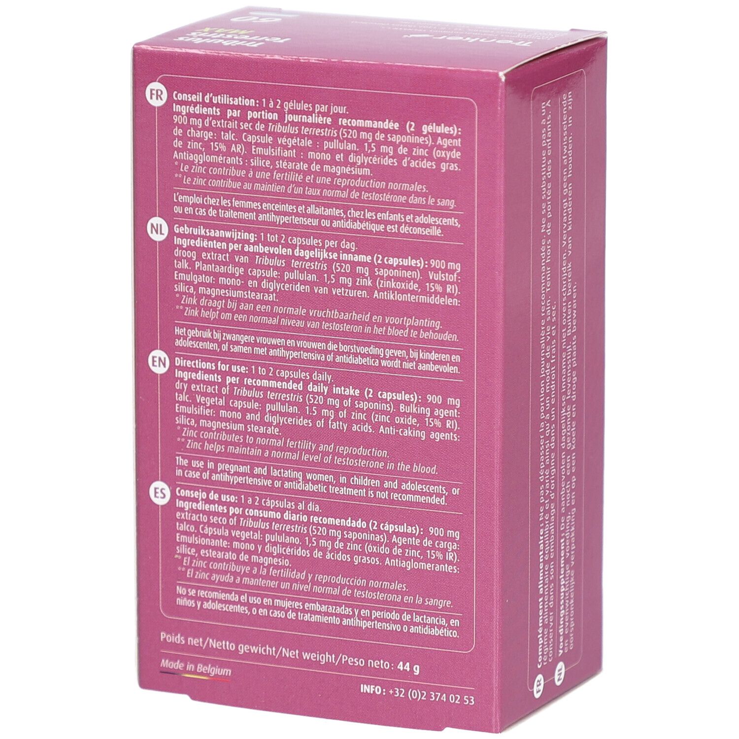 Boîte rose, dos avec texte multilingue. Contient des informations sur les ingrédients.