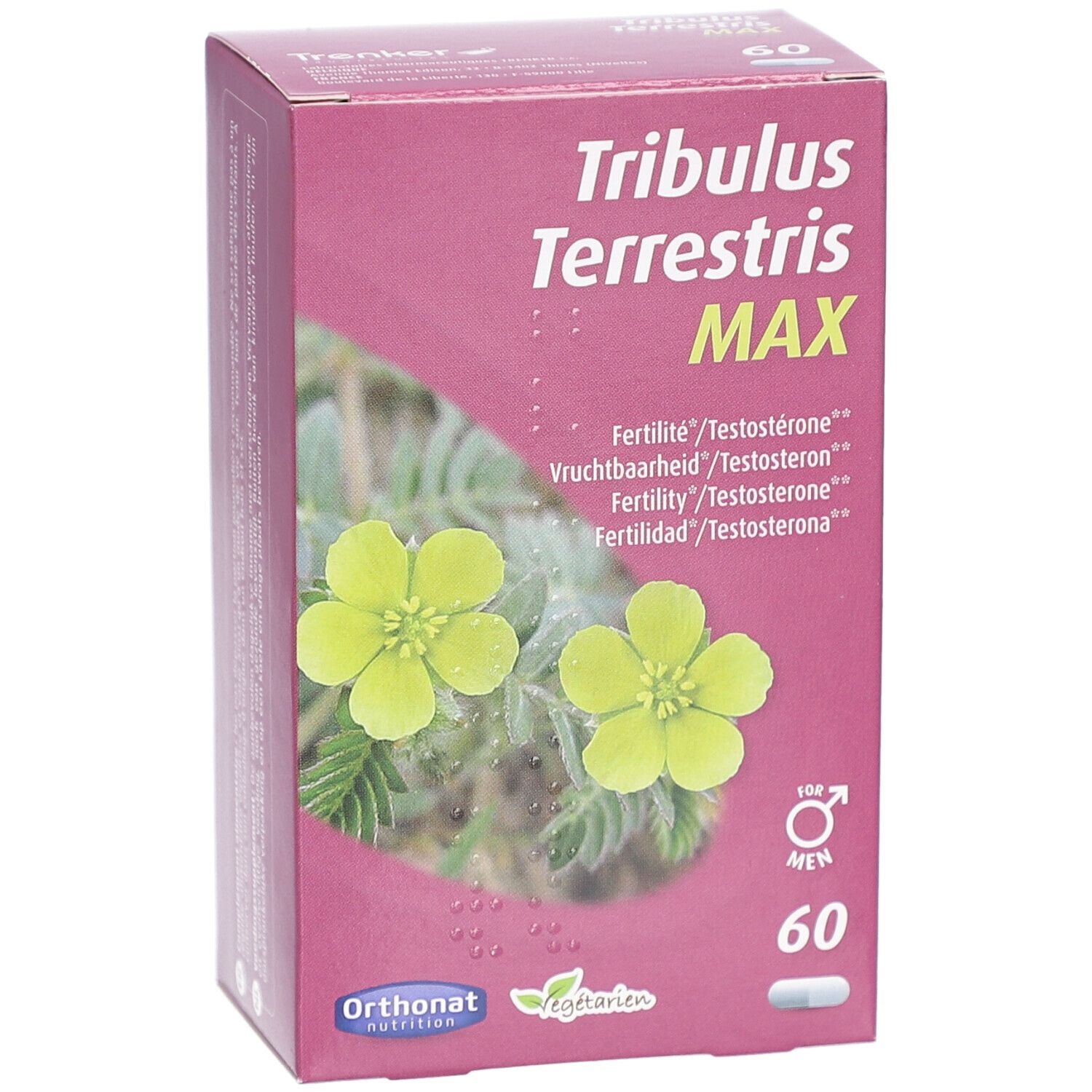 Boîte rose avec nom du produit et motif floral. Contient 60 gélules. Une gélule visible.