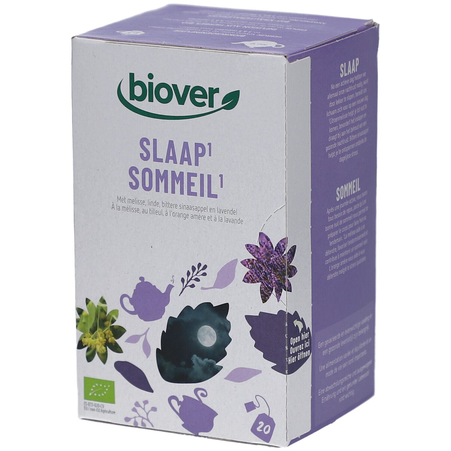 Kartonverpackung mit Produktnamen und floralen Illustrationen. Marke Biover. Enthält 20 Teebeutel.