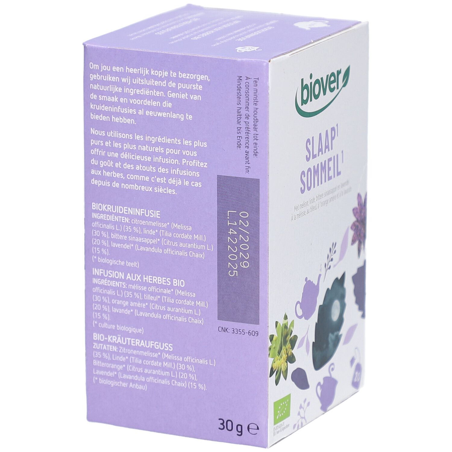 Kartonverpackung mit Produktinformationen und Zutatenliste. Marke Biover. Haltbarkeitsdatum 02/2025.