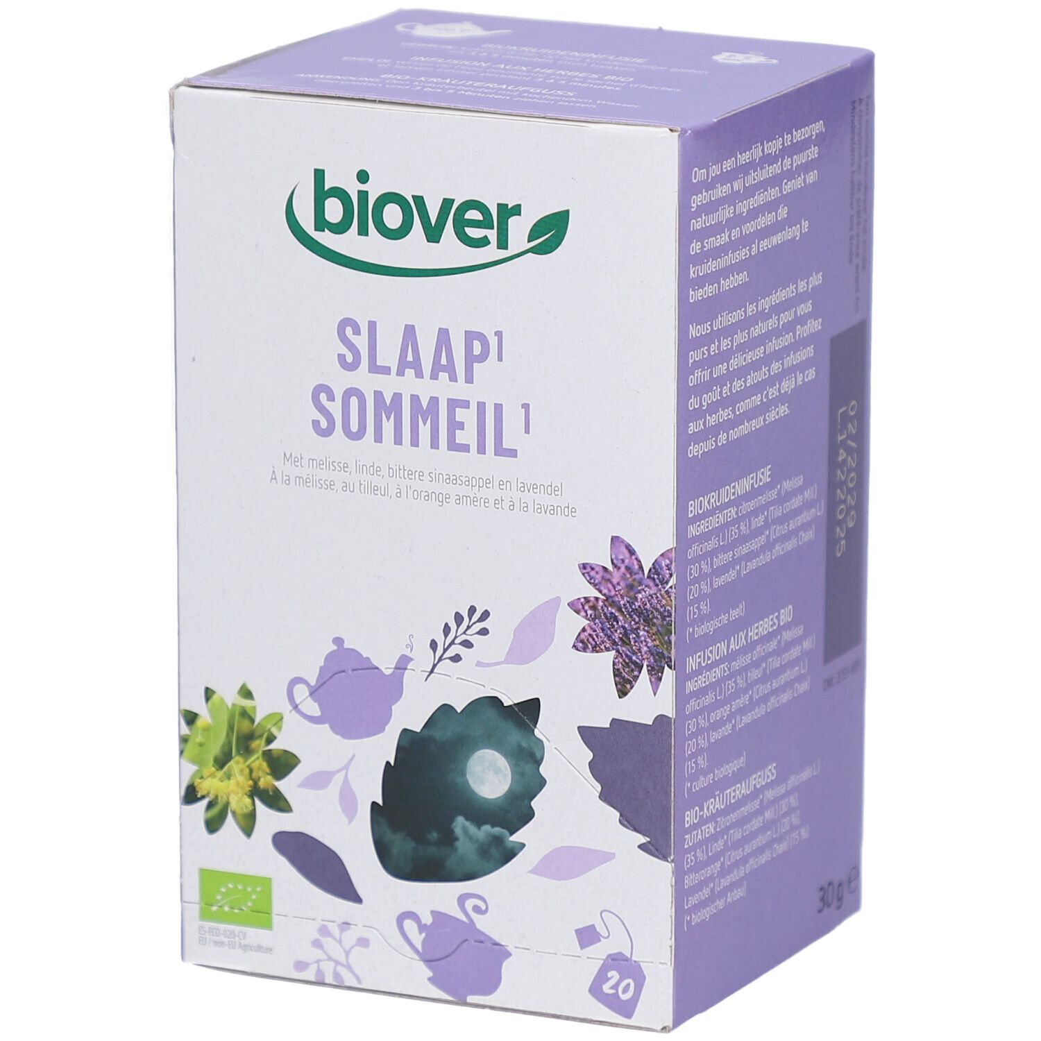 Kartonverpackung mit Produktnamen und floralen Illustrationen. Marke Biover. Enthält 20 Teebeutel.