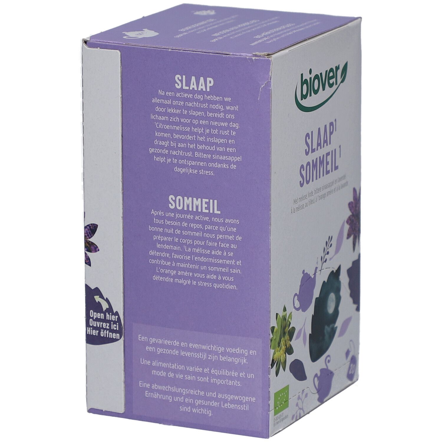 Kartonverpackung mit Text über Schlaf und gesunde Ernährung. Marke Biover. Mit floralen Illustrationen.