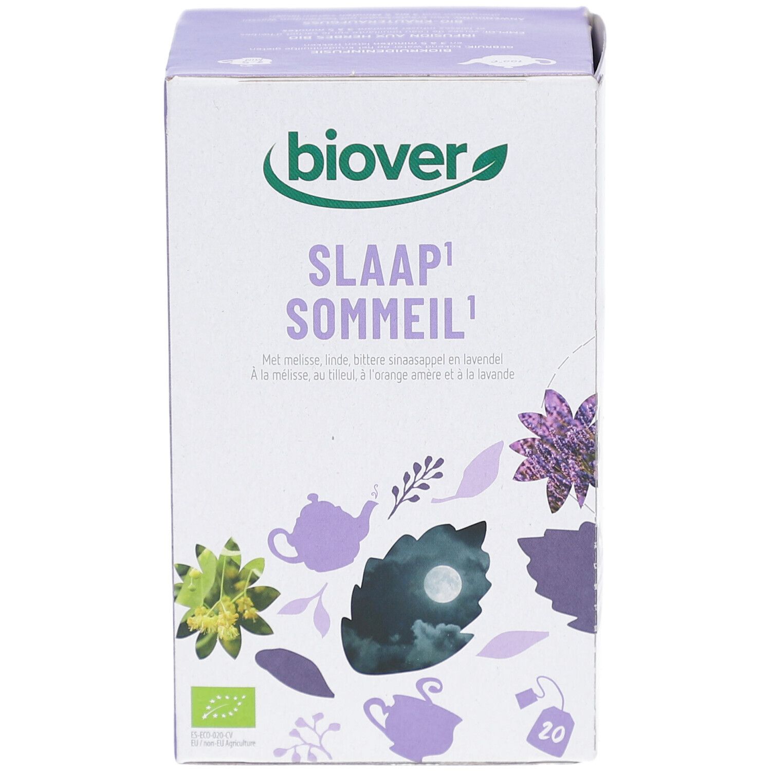 Kartonverpackung mit Produktnamen und floralen Illustrationen. Marke Biover. Enthält 20 Teebeutel.