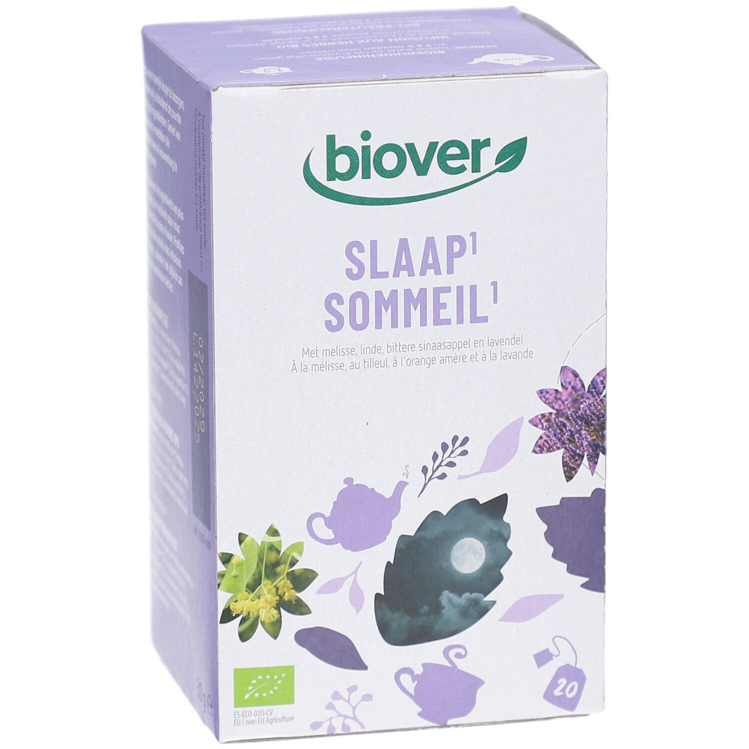Kartonverpackung mit Produktnamen und floralen Illustrationen. Marke Biover. Enthält 20 Teebeutel.