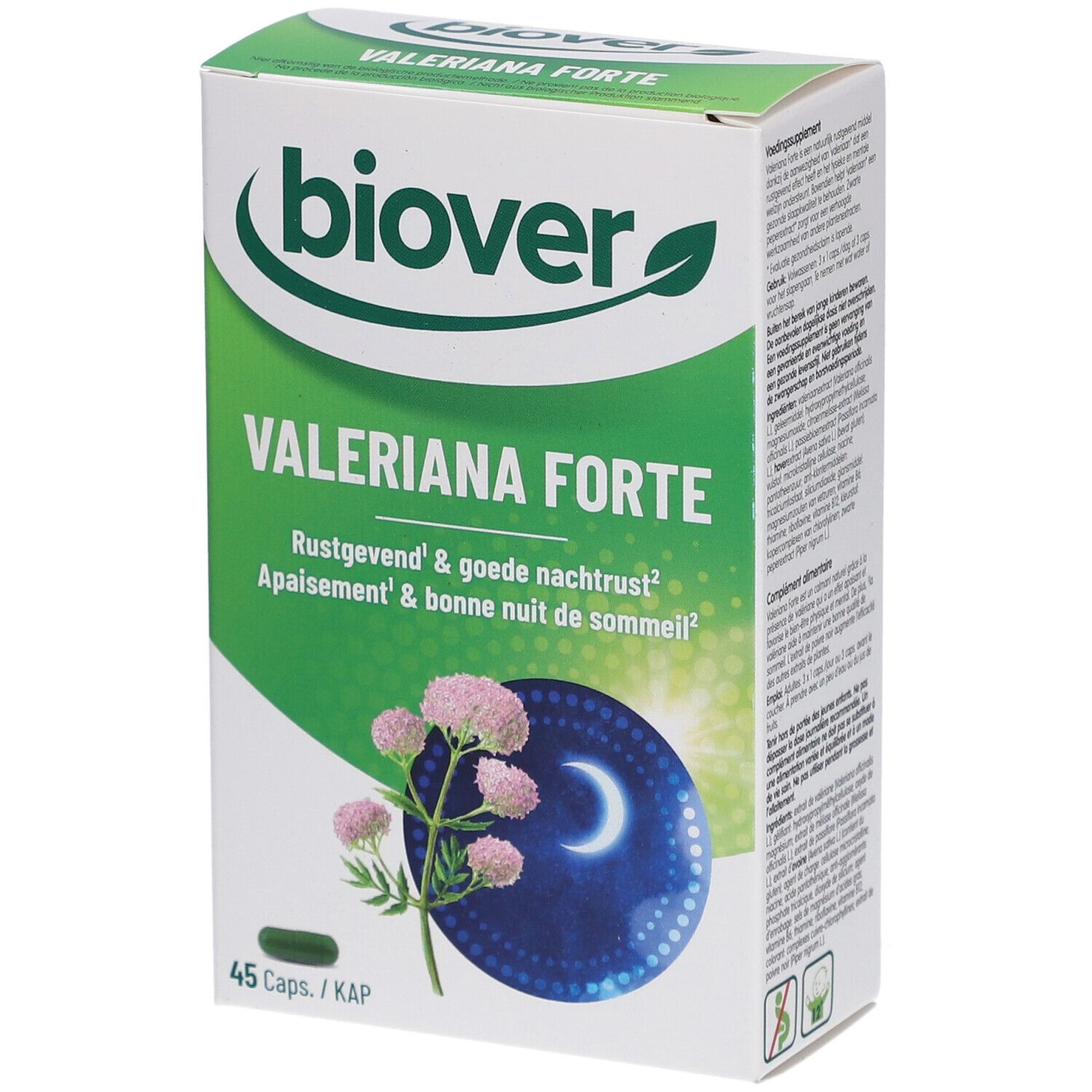 Schachtel mit "Biover Valeriana Forte". Grün-weiße Verpackung mit Produktnamen und floraler Illustration. 45 Kapseln.