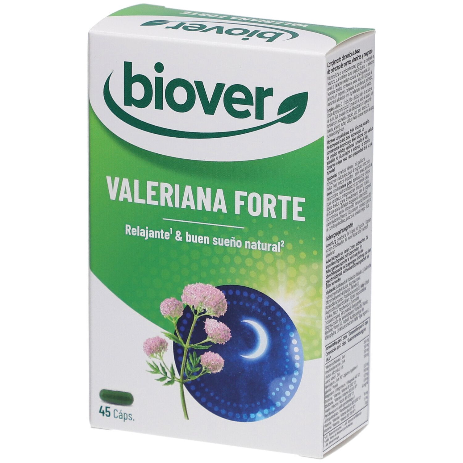 Schachtel "Biover Valeriana Forte". Grün-weiße Verpackung mit Produktnamen und floraler Illustration. 45 Kapseln.