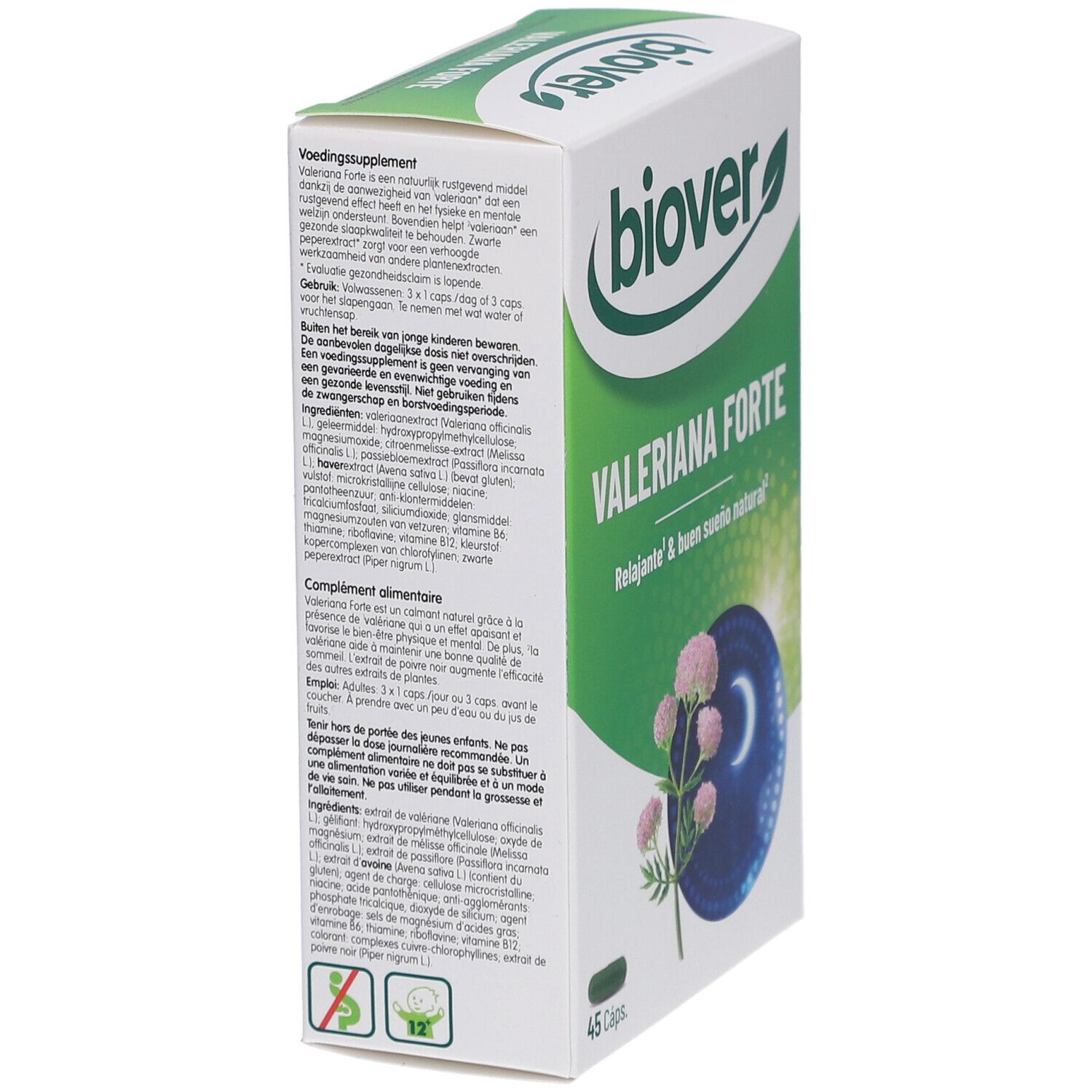 Schachtel "Biover Valeriana Forte" in Schrägansicht. Produktname, Inhaltsstoffe und Nährwertangaben auf der Verpackung. 45 Kapseln.